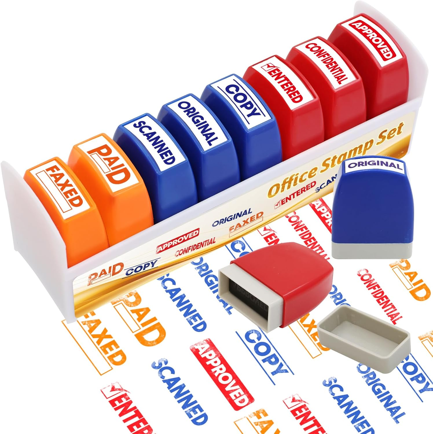 Office Stamp Set Scanned Approved Paid Completed Stamps Self Inking Business Message with Storage Tray for Coworkers Colleague Work Supplies 8Pcs image number 5