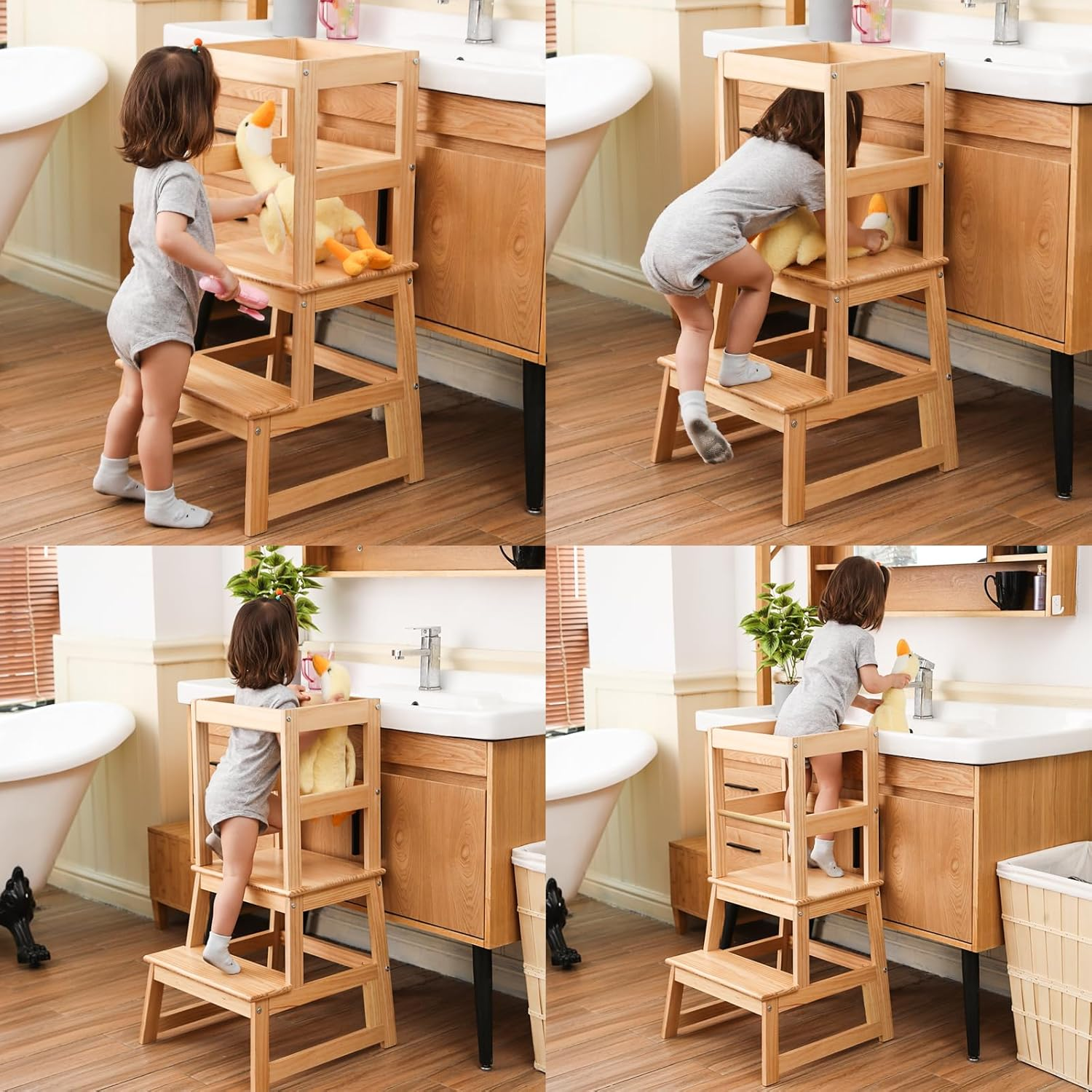 Kitchen Step Stool for Kids with Safety Rail,Toddler Standing Tower for Kitchen Counter, Baby Montessori Stool,Solid Wood Construction,Natural image number 2