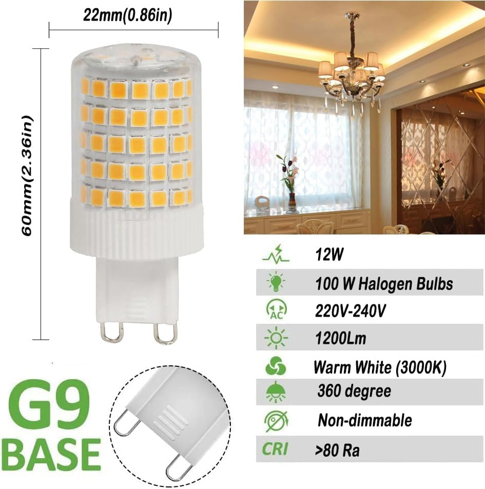Aiwerttes 12W G9 LED Bulbs, Warm White Non-Dimmable, Energy Saving Bulbs, Equivalent to 100W Halogen Bulbs, Flicker-Free, Pack of 6 image number 1