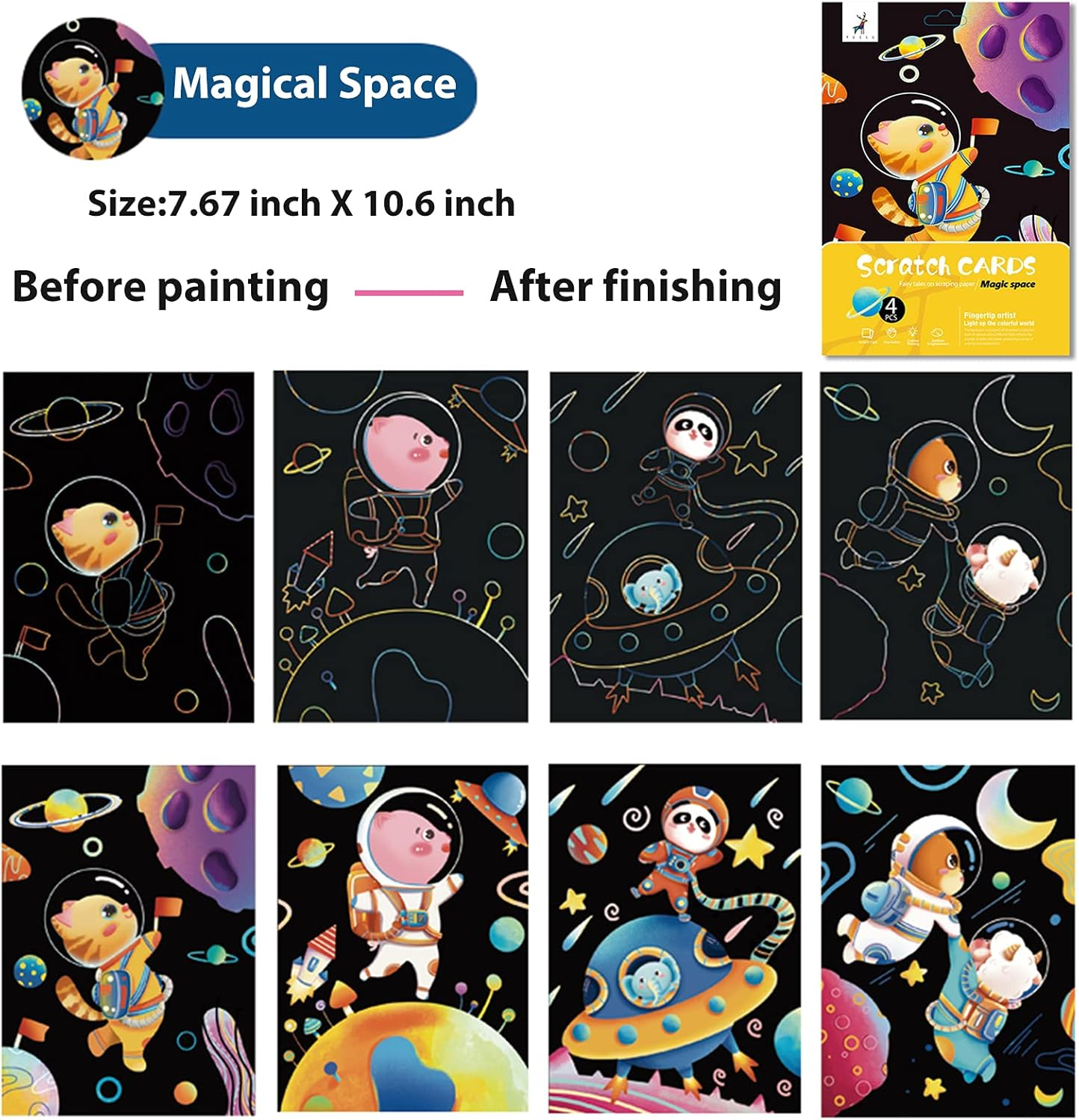 Scratch Art Rainbow Painting Scratch off Doodle Paper, Womens Hobbies Engraving Art Craft Set, Creative Gifts for Girls Boys Students Drawing Older Kids Scratch Art Pads 8 Sheets (Dinosaur & Space) - Dinosaur  Space image number 5