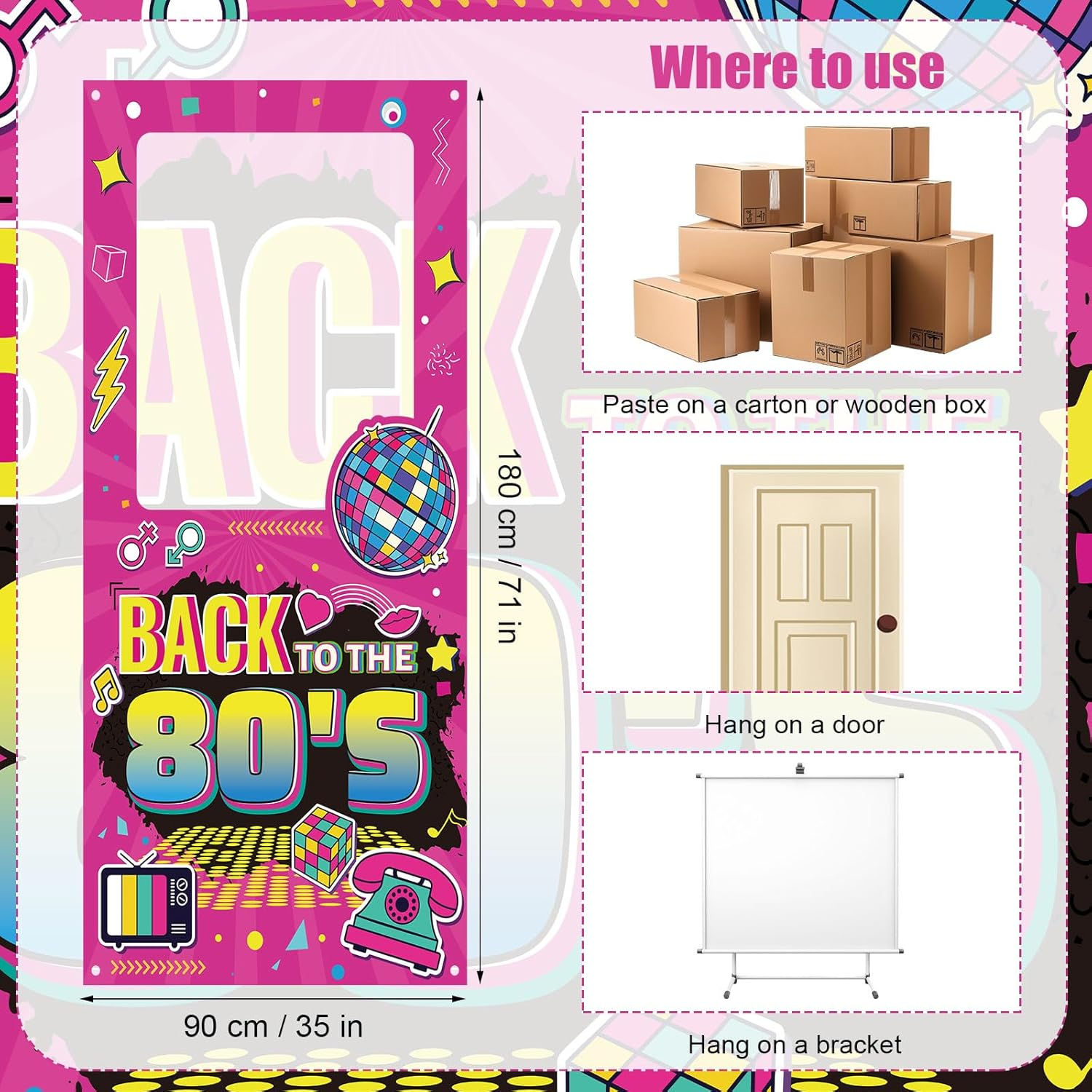 Back to 80S Photo Background, 180X90Cm Retro Disco Theme Party Background Decoration Colorful Birthday Photo Booth Frame Background for Retro Disco Rock Hip Hop Party Supplies image number 2