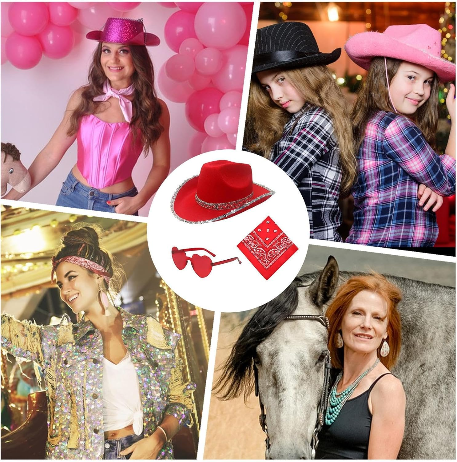 Cowgirl Hats Women - Bling Jazz Hat with Glasses Headscarf, Cowgirl Hats Pack, Costume Dress up Party Supplies for Festival Party image number 1