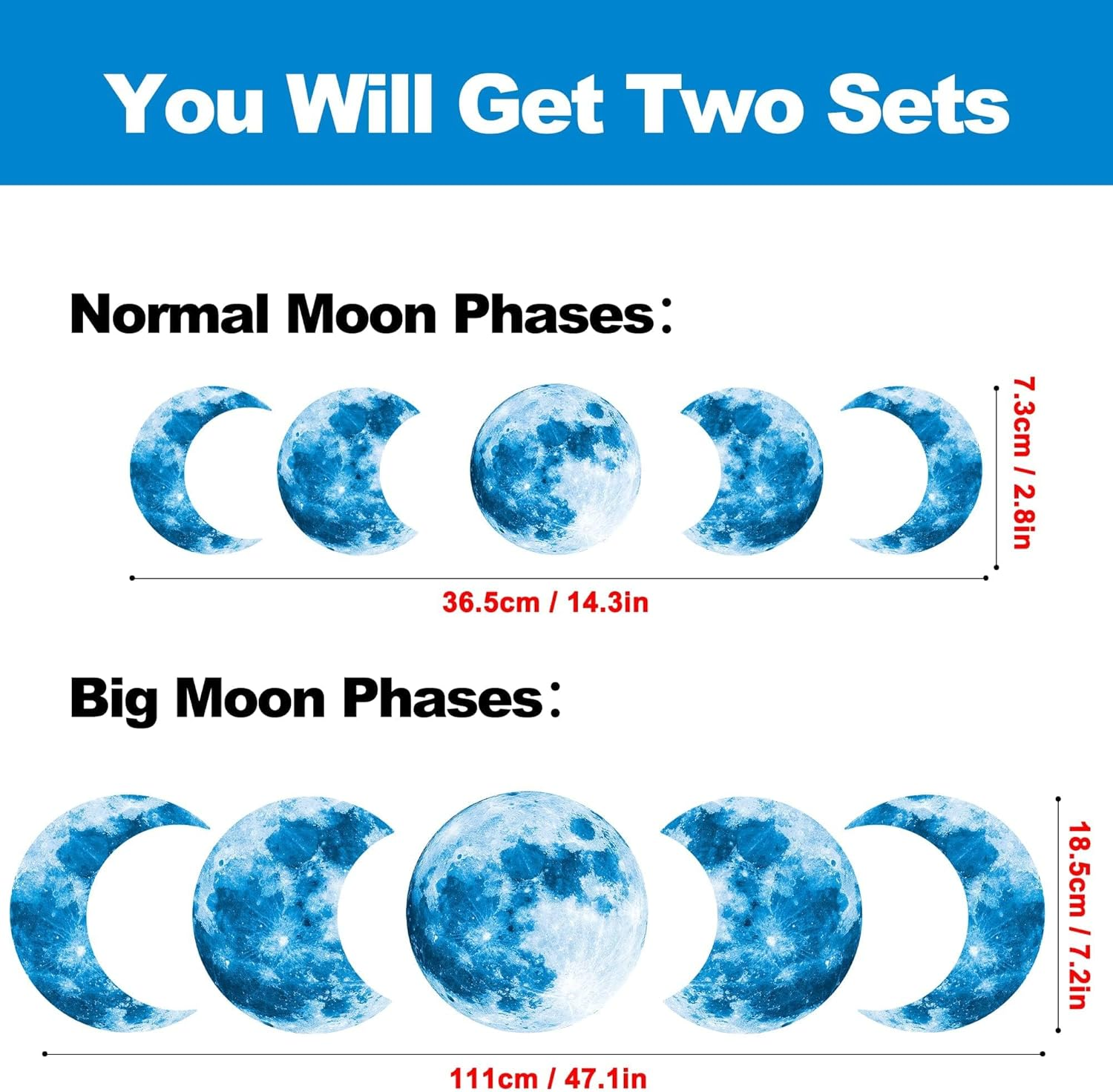 10Pcs Glow in the Dark Moon Wall Decals Large Luminous Space Planet Moon Phases Wall Sticker Glow in the Dark Stickers for Ceiling Removable Vinyl Boho Wall Decor for Boys Girls Bedroom Nursery image number 2