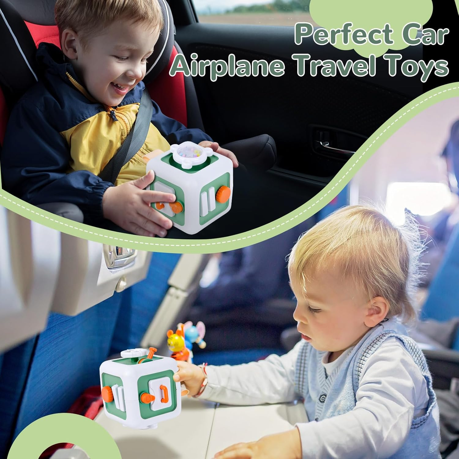 Busy Activity Cube Toys for 1 + Year Old Gifts, Sensory Learning Fine Motor Skills Toys for 18 Months, Montessori Airplane Travel Car Toys for Toddler 1-3, 1St Birthday Girl Gifts 18 Months + (Green) image number 2