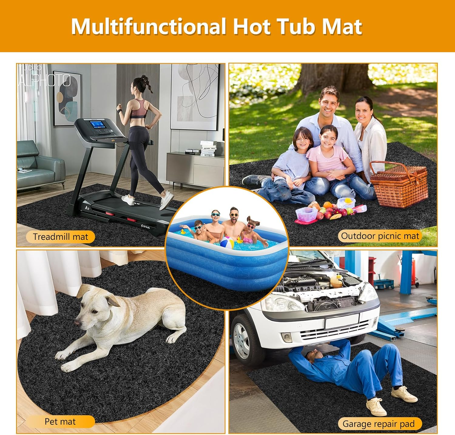YUET 2.3M*2.3M Square Swimming Pool Pad, Inflatable Hot Tub Mat Outdoor Indoor, Waterproof Slip-Proof Backing, Absorbent Spa Pool Ground Base Flooring Protector Mat image number 4