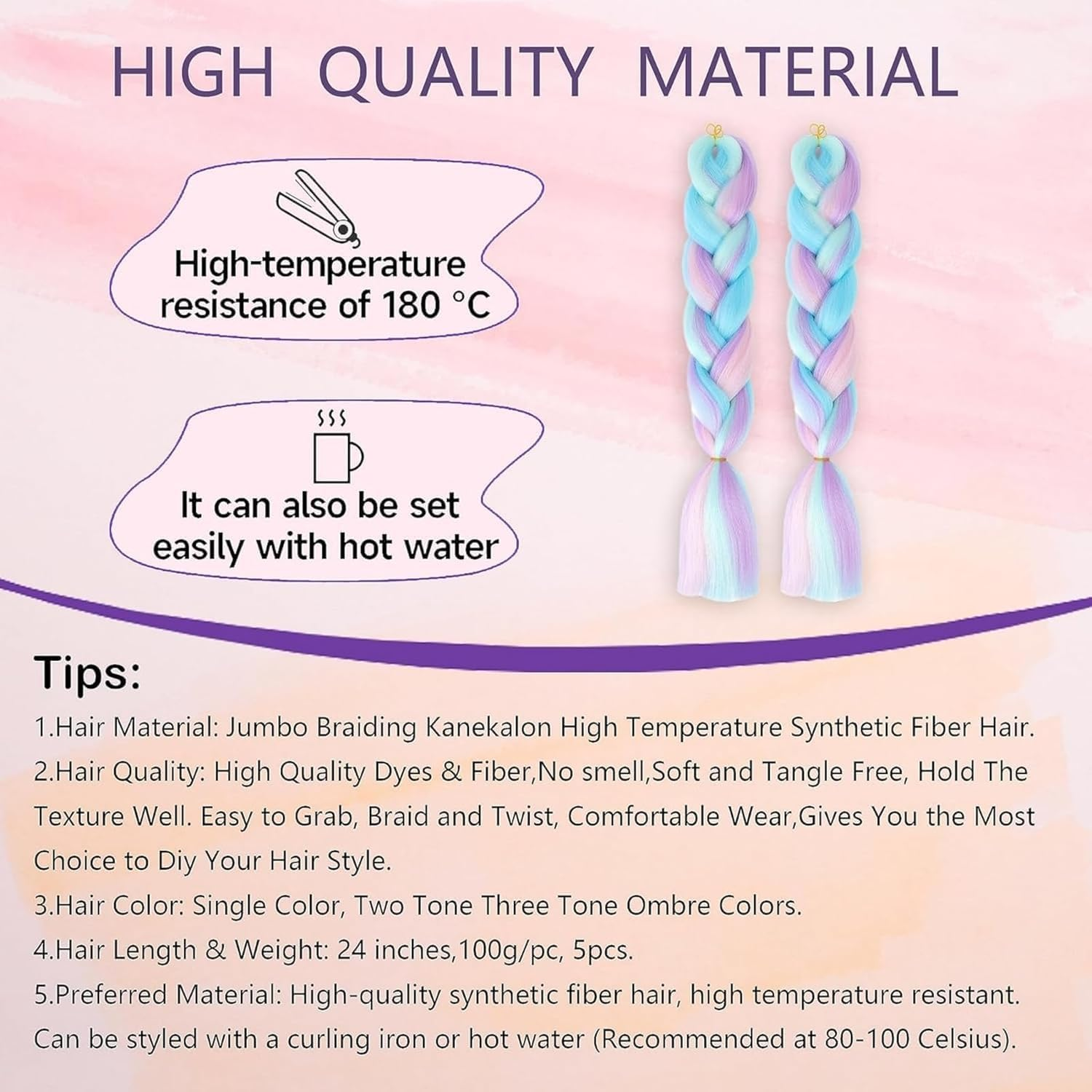 Colorful Hair Extensions 4 PACK, Upgrade 8 Colors 24" Long Braiding Hair Synthetic Hair Extensions Braid Synthetic Fiber Hair for Women Girl image number 2