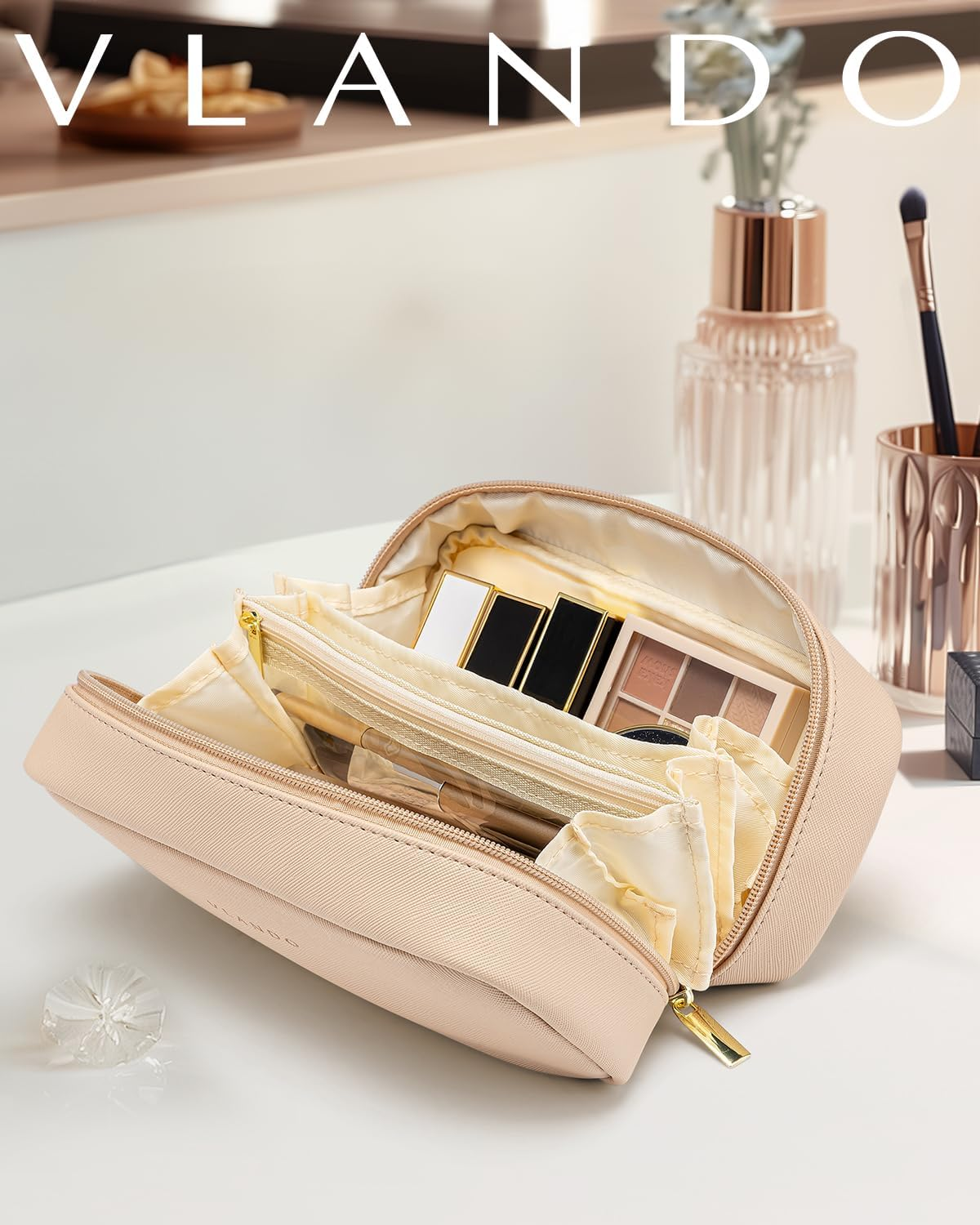 Vlando Travel Makeup Bag, Small Makeup Bag for Purse, Milk Tea image number 5