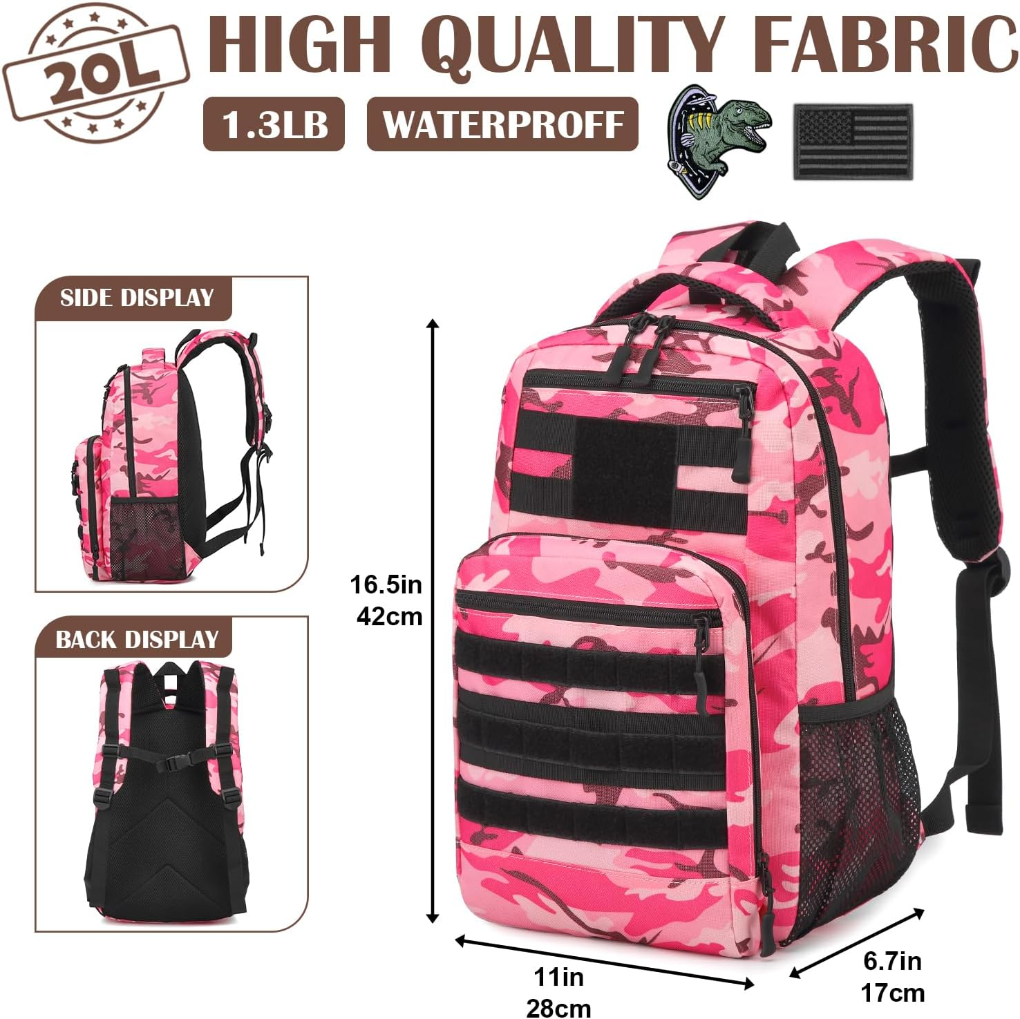 Kids Tactical Backpack Army Molle Bookbag Military Boys Backpack for School, Outdoor, Camping - Black Camo image number 4