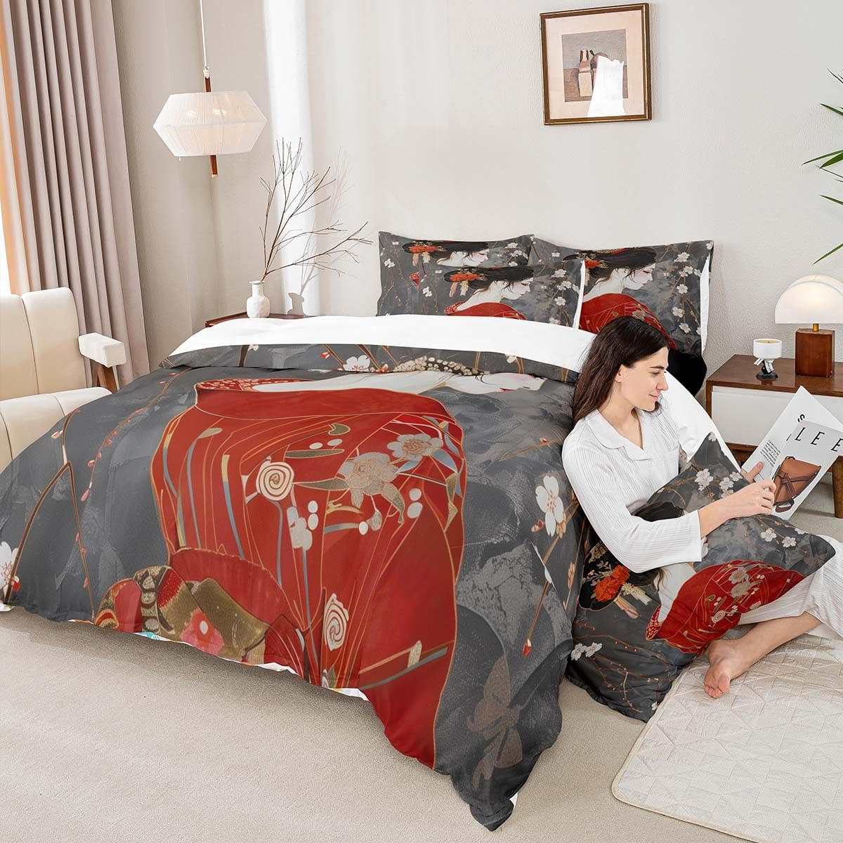 Homemissing Kids Japan Geisha Bedding Set Single Size Boys Girls Cherry Blossoms Comforter Cover Set Japanese Style Duvet Cover Japanese Tradition Aesthetic Bedspread Cover (No Comforter)