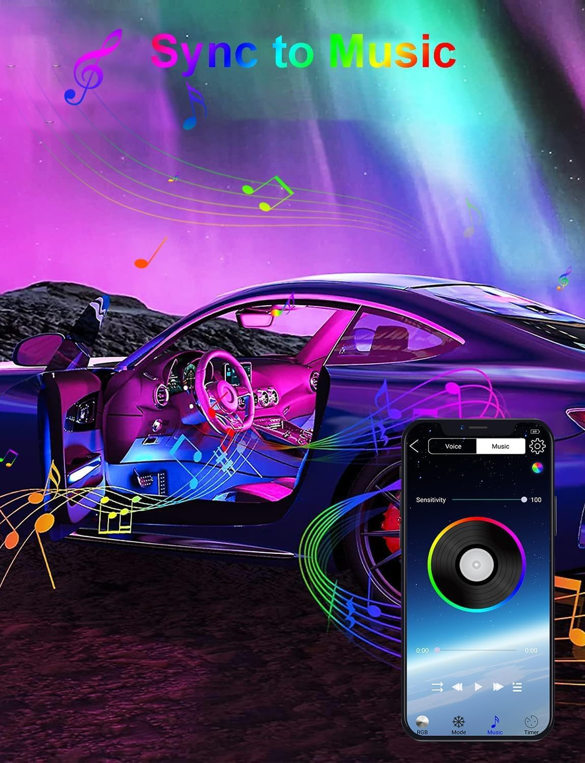 Interior Car LED Strip Lights 43 Inches Length 0.08In Ultra-Thin Thickness with App/Remote Control, Color Changing Ambient Lighting Kit, Sync to Music Car Lighting Accessories image number 1