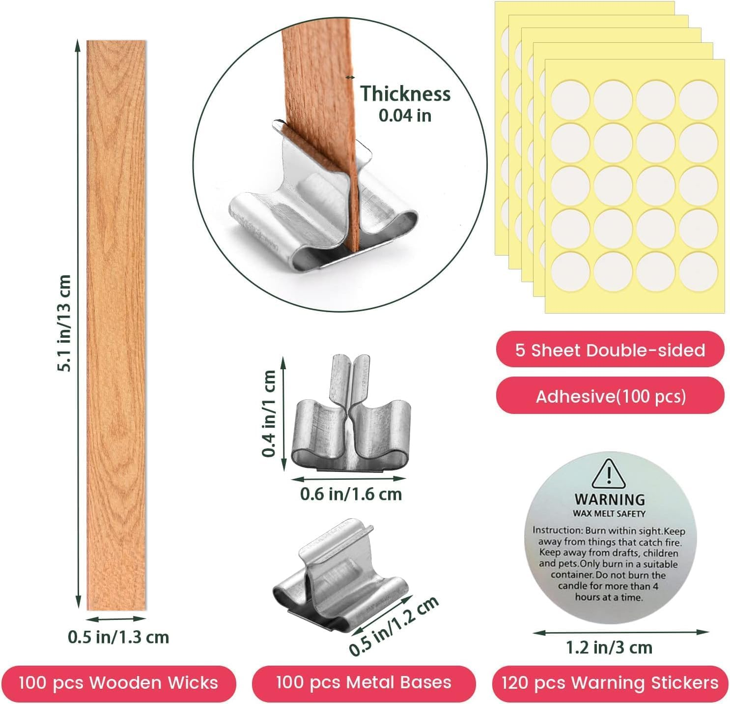 420PCS Wood Wicks for Candles Making, with 100 Crackling Wood Candle Wicks & 100 Metal Base 120 Warning Labels 100 Glue Dot for Candle Making Kit image number 1