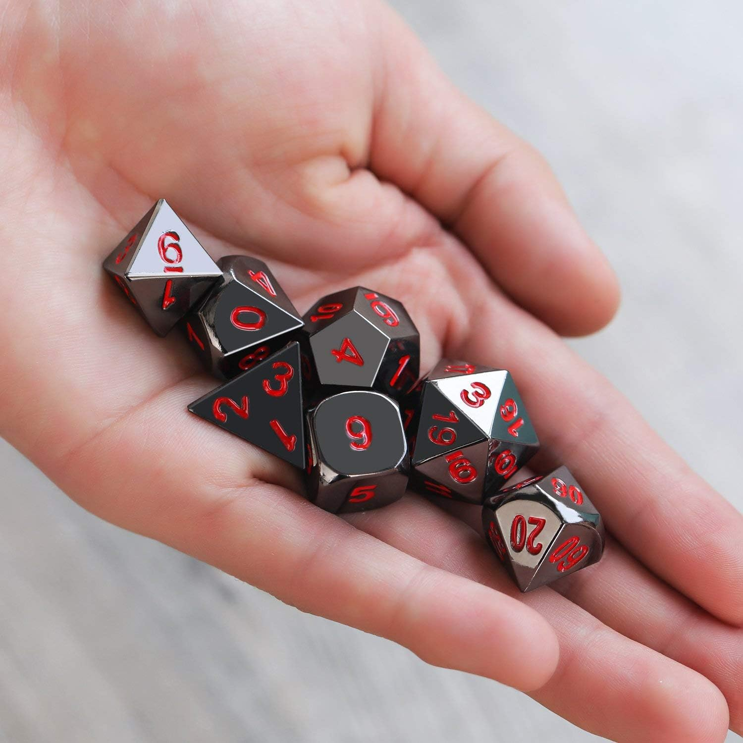 Zinc Alloy Metal Polyhedral 7-Die Dice Set for Dungeons and Dragons RPG Dice Gaming D&D Math Teaching, D20, D12, 2 Pieces D10 (00-90 and 0-9), D8, D6 and D4 (Black and Red) image number 1