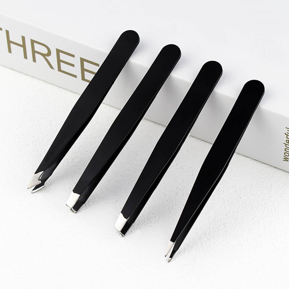 4 Pack Professional Eyebrow Tweezers Set - Stainless Steel Precision Tweezers for Facial Hair, Ingrown Hair & Splinter Removal (Black) image number 6