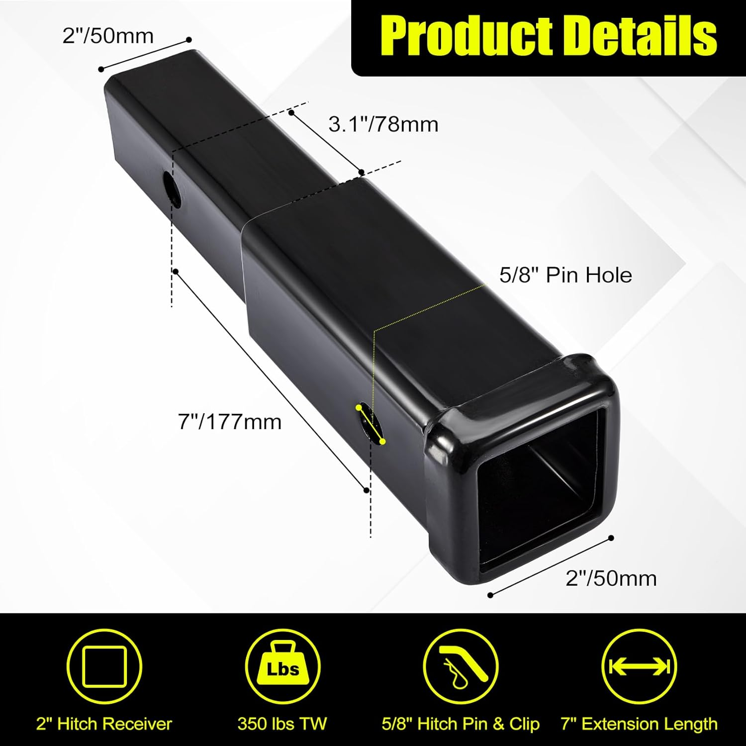 Krimocy Trailer Hitch Extender 7 Inch Extension Length Fits for 2 Inch Receiver Tube with anti Rattle Stabilizer and 5/8 Inch Hitch Pin Clips 3500 Lbs GTW image number 6