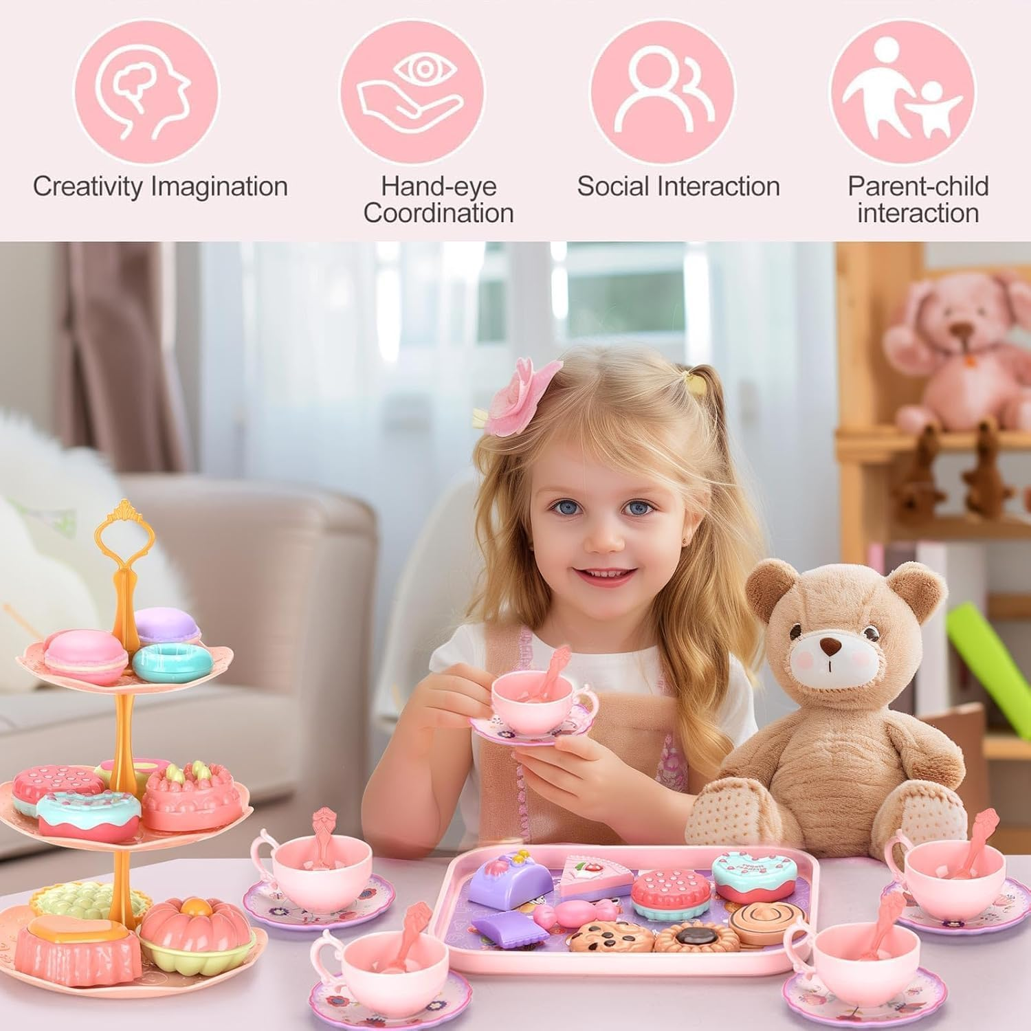 46Pcs Kids Tea Party Set for Little Girls, Princess Tea Time Toy for 3-8 Year Old Girls, Cute Princess Play Toddlers Tin Tea Set Birthday Toys Pretend Toys with Desserts, Flower Teapot, Carrying Case image number 5