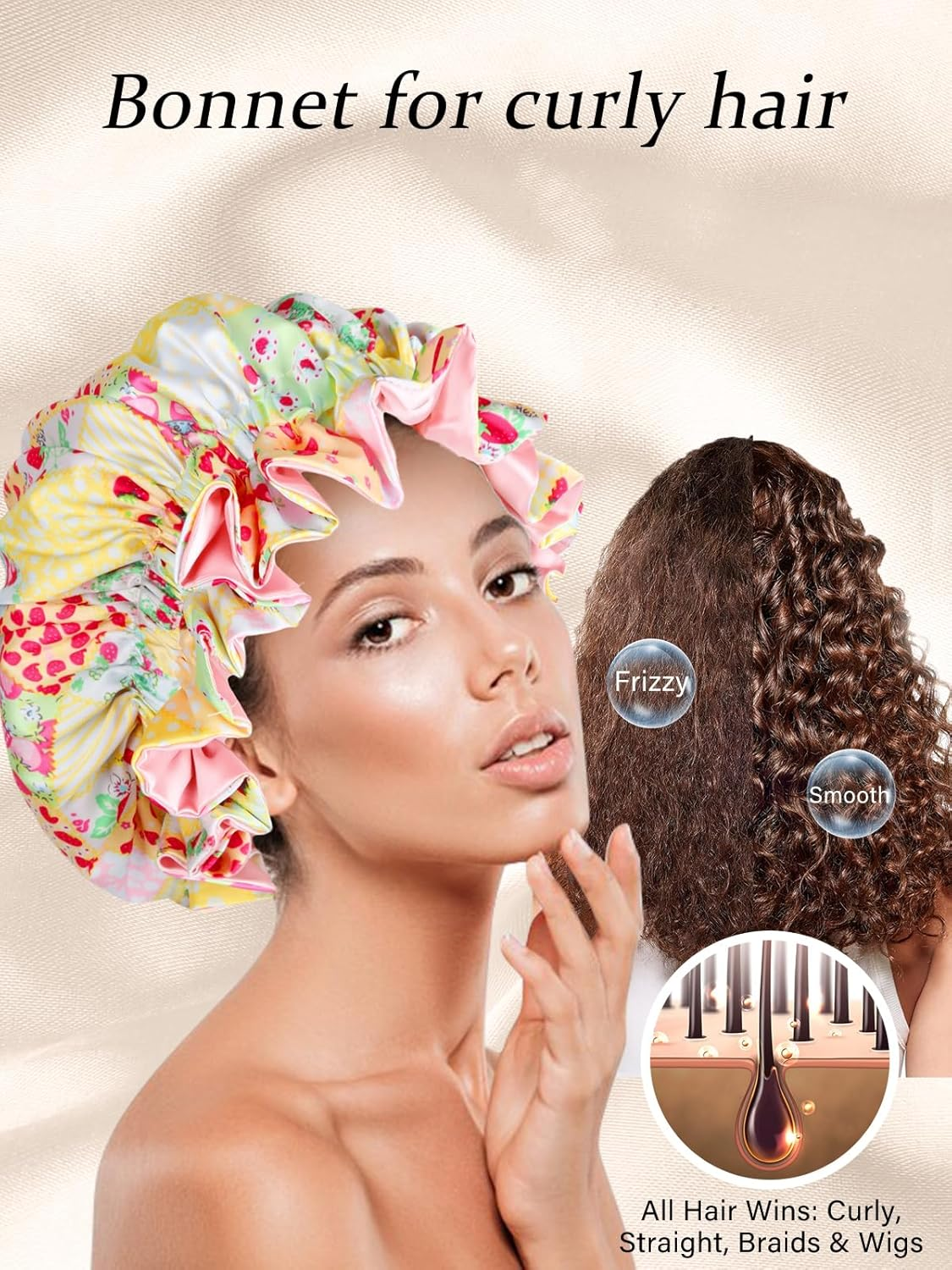 Vettres Floral Satin Bonnet with Scrunchie Set,Double Layer Ruffle Reusable Sleeping Shower Cap for Curly Hair Yellow-Strawberries