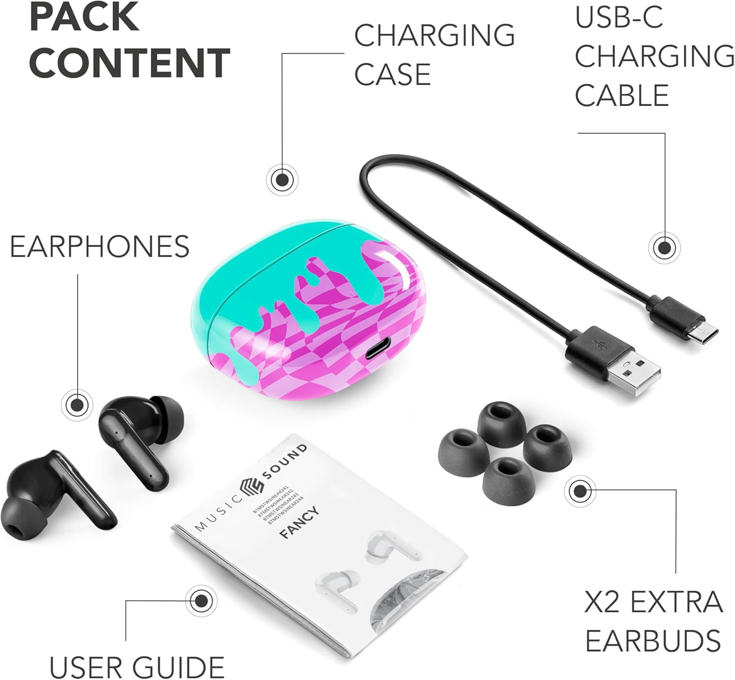 Music Sound - TWS Fantasy Bluetooth Headphones - In-Ear Design - Wireless - Charging Case - Microphone - Playback Time up to 25 Hours - and Patterns image number 5