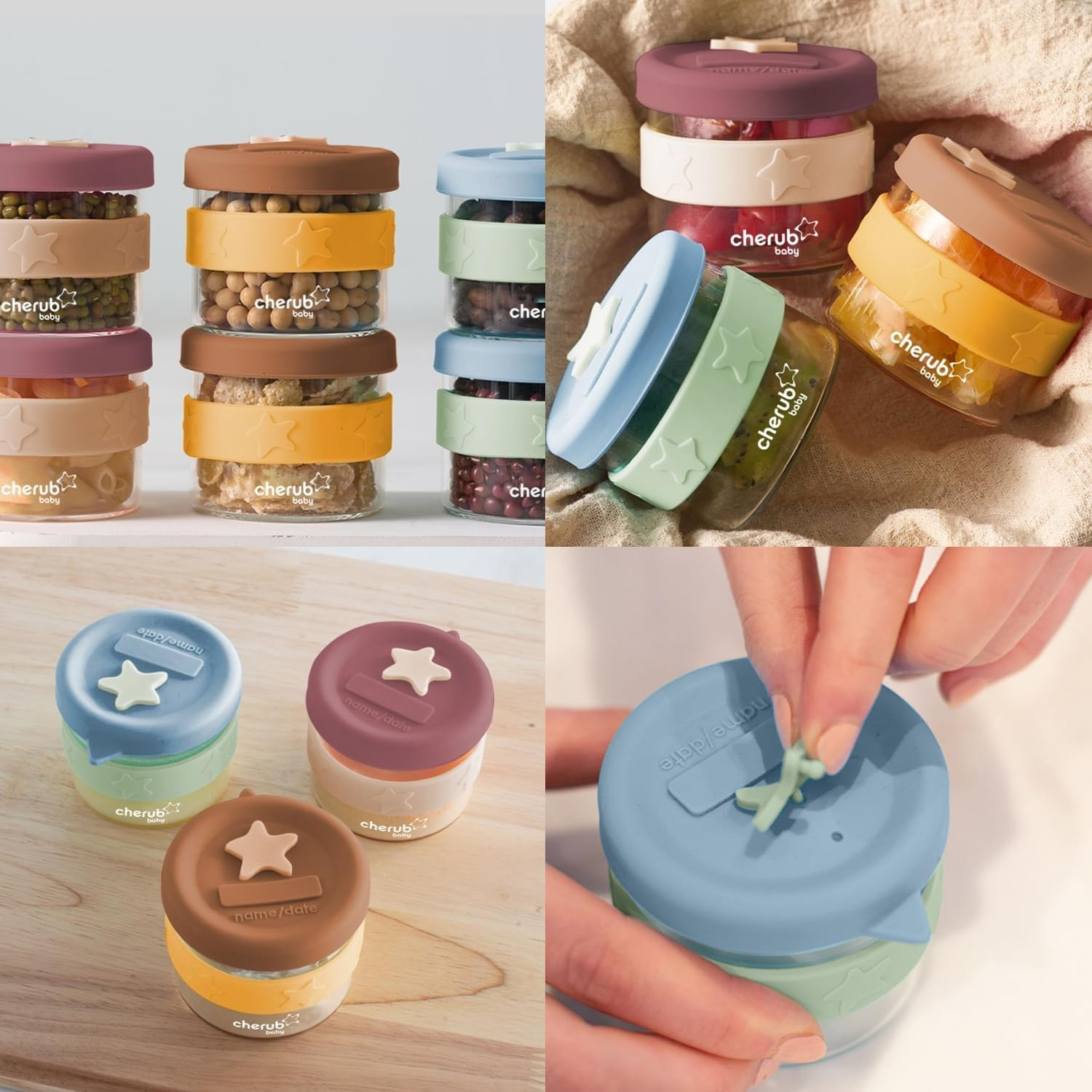 Cherub Baby Durable Non-Toxic BPA Free, Leak-Proof, Microwave, Oven, Freezer Safe Silicone & Glass Baby Food Storage Container Jar with Airtight Lid Pack of 3 120Ml - Cerulean/Sage image number 5