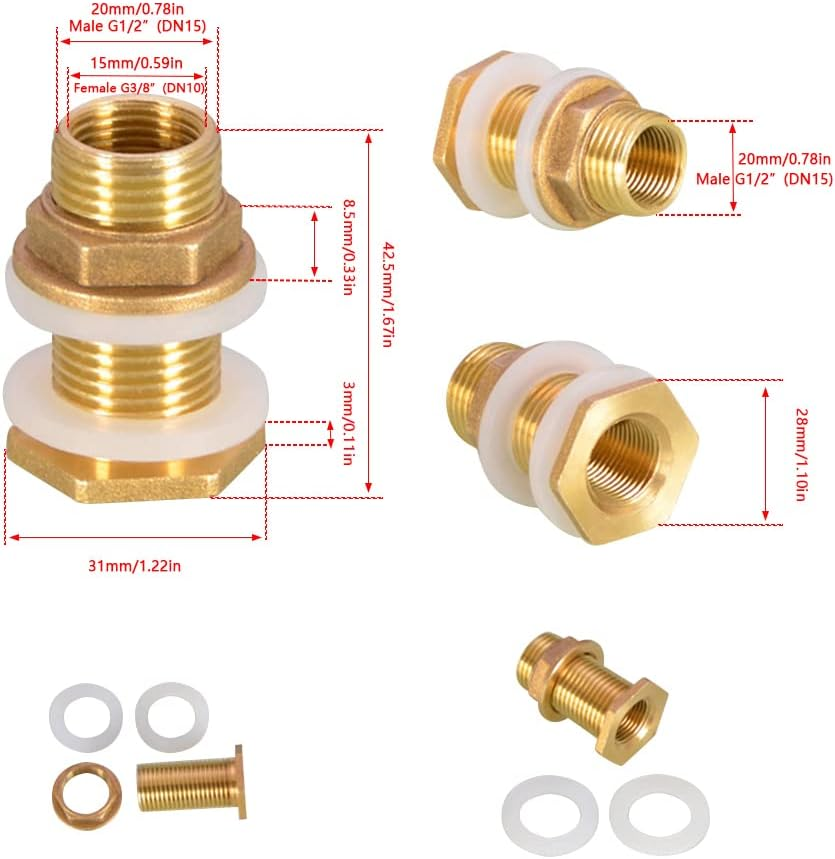 Brass Water Tank Connector, 2PCS Male 1/2 Inch Female 3/8 Inch Thread Brass Connector for Water Tower Outlet Interface Joint Fitting Copper Tube Adaptor Pipe image number 6