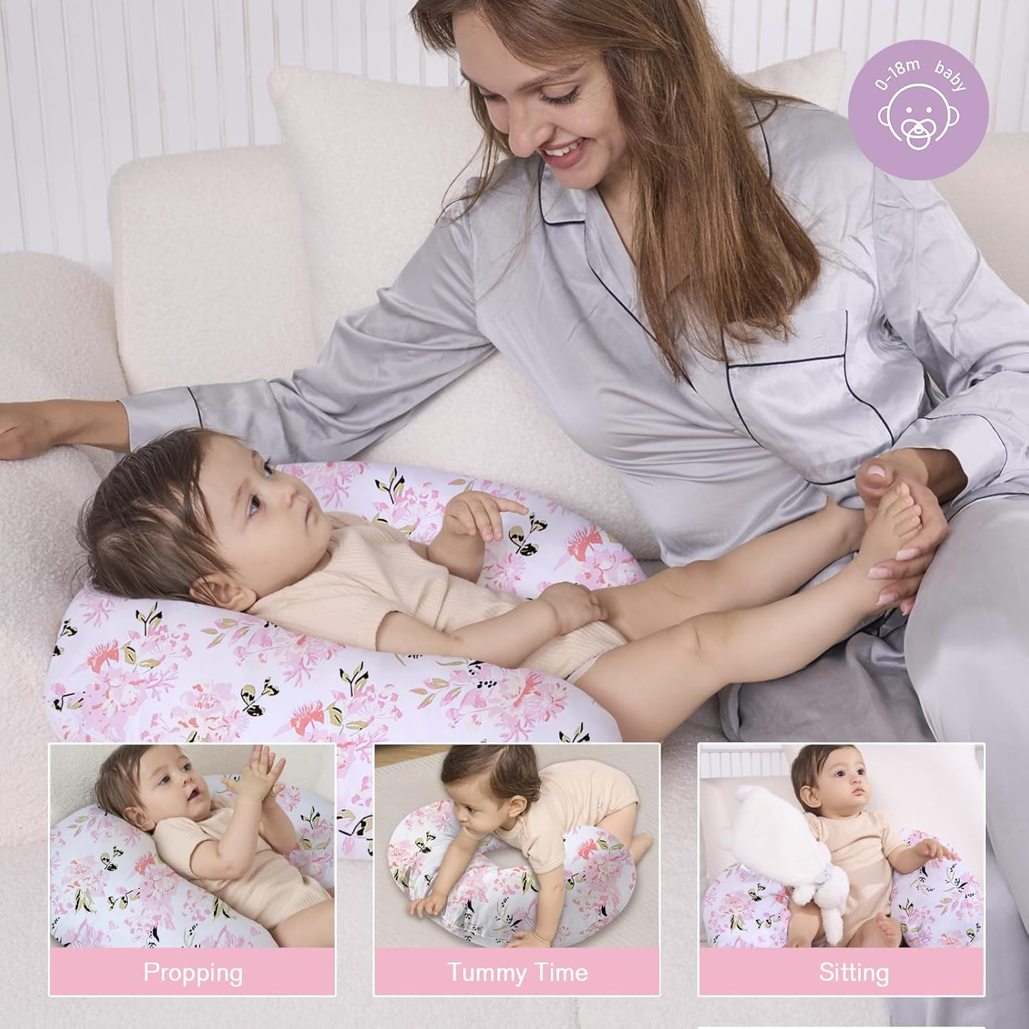 Little Grape Land Nursing Pillow for Breastfeeding, Original Breastfeeding Pillows for More Support for Mom and Baby, Cute Cover with Breathable Filling,Feeding Support Pillow for 0-12 Months(Floral) image number 5