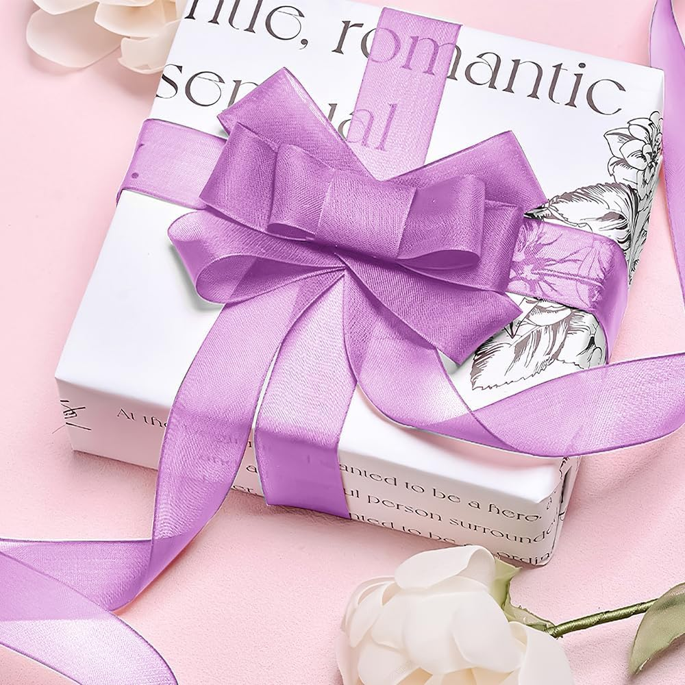 Purple Ribbon for Gift Wrapping - 1 Inch 50 Yards Light Purple Sheer Tulle for Crafts, Flower Bouquet, Holiday, Candy, Presents and Hair - Thin Gift Ribbon image number 3