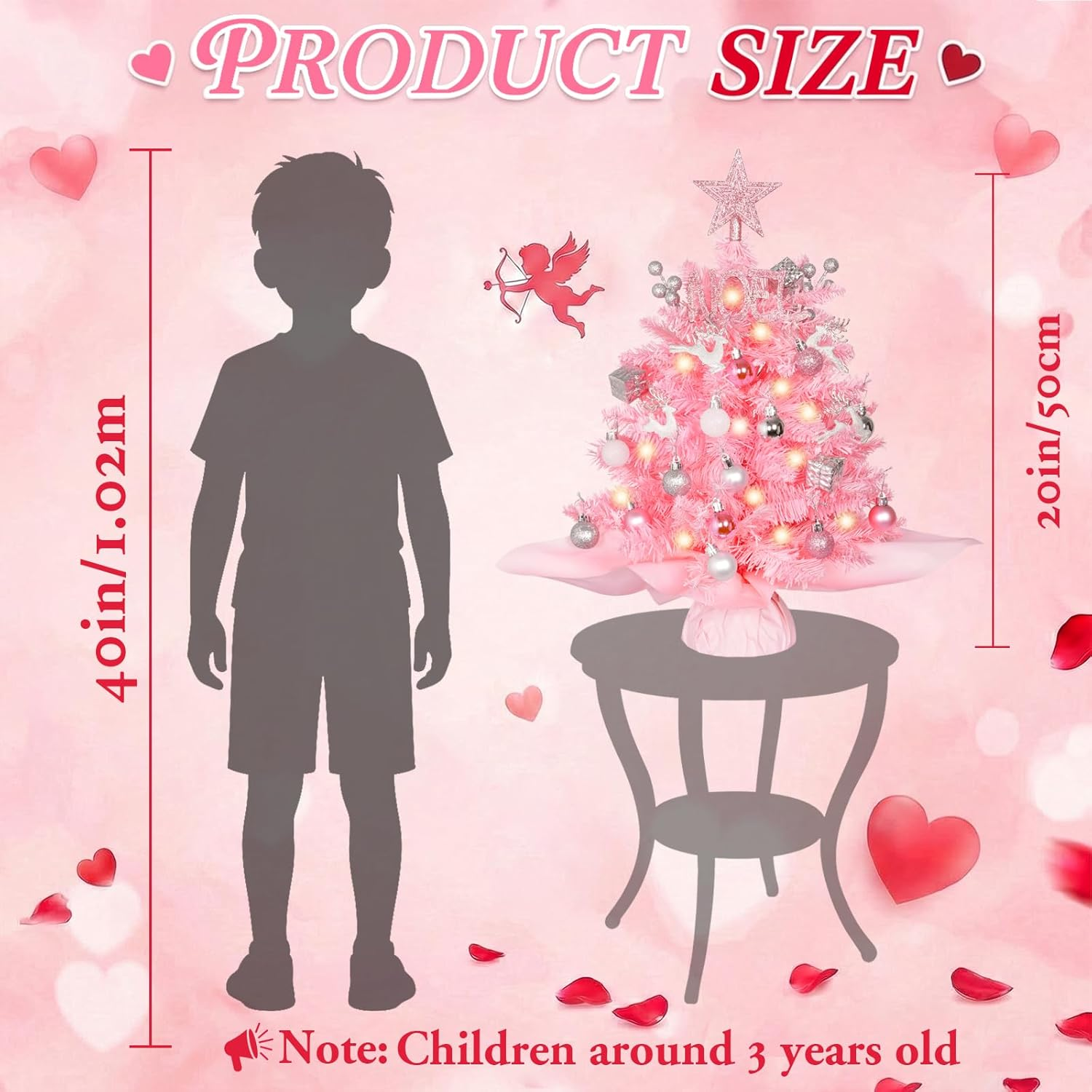 20" Mini Pink Christmas Tree, Artificial Small Table Top Christmas Tree with Warm Lights, Star Treetop and Ornaments, Tabletop Christmas Tree for DIY Pink Christmas Decoration Gifts - Pink image number 6