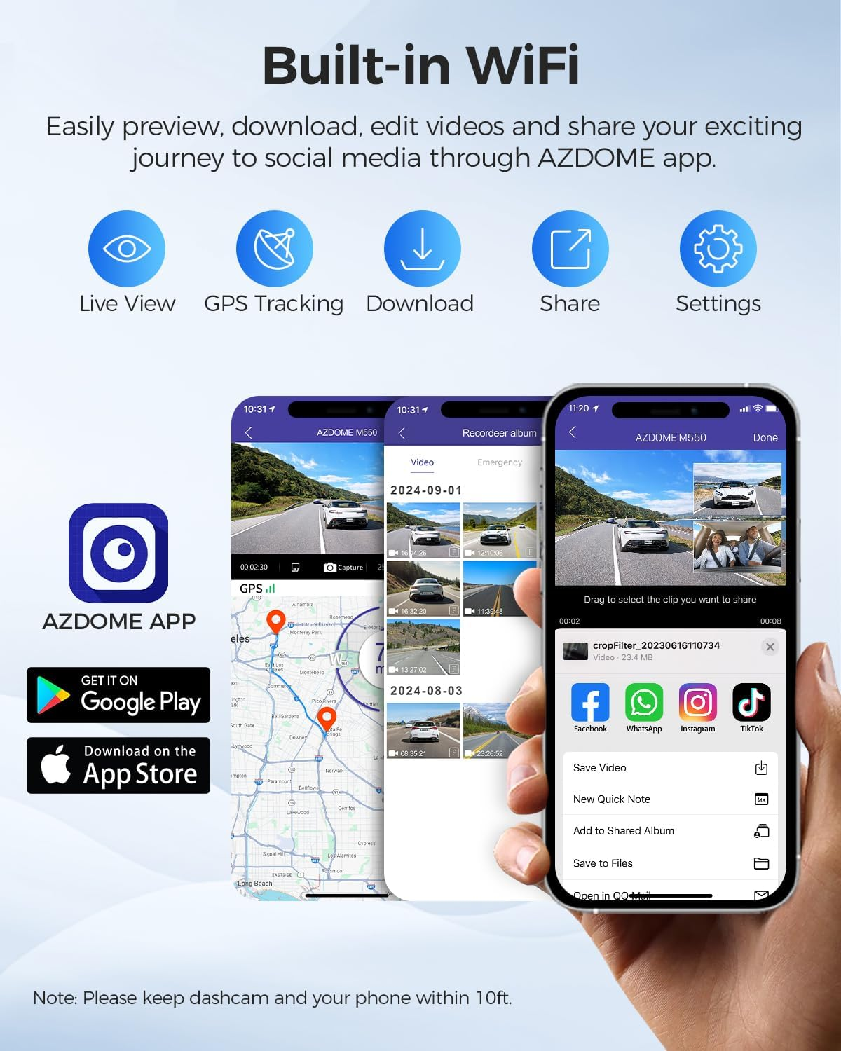 AZDOME M550 3 Channel Dash Cam, 4K+2.5K Dual Dash Camera for Cars Built-In Wifi GPS, 1440P+1080P+1440P Front and Rear Inside, 64GB Card Included, 3.19" IPS Screen, WDR, IR Night Vision, Parking Mode image number 5