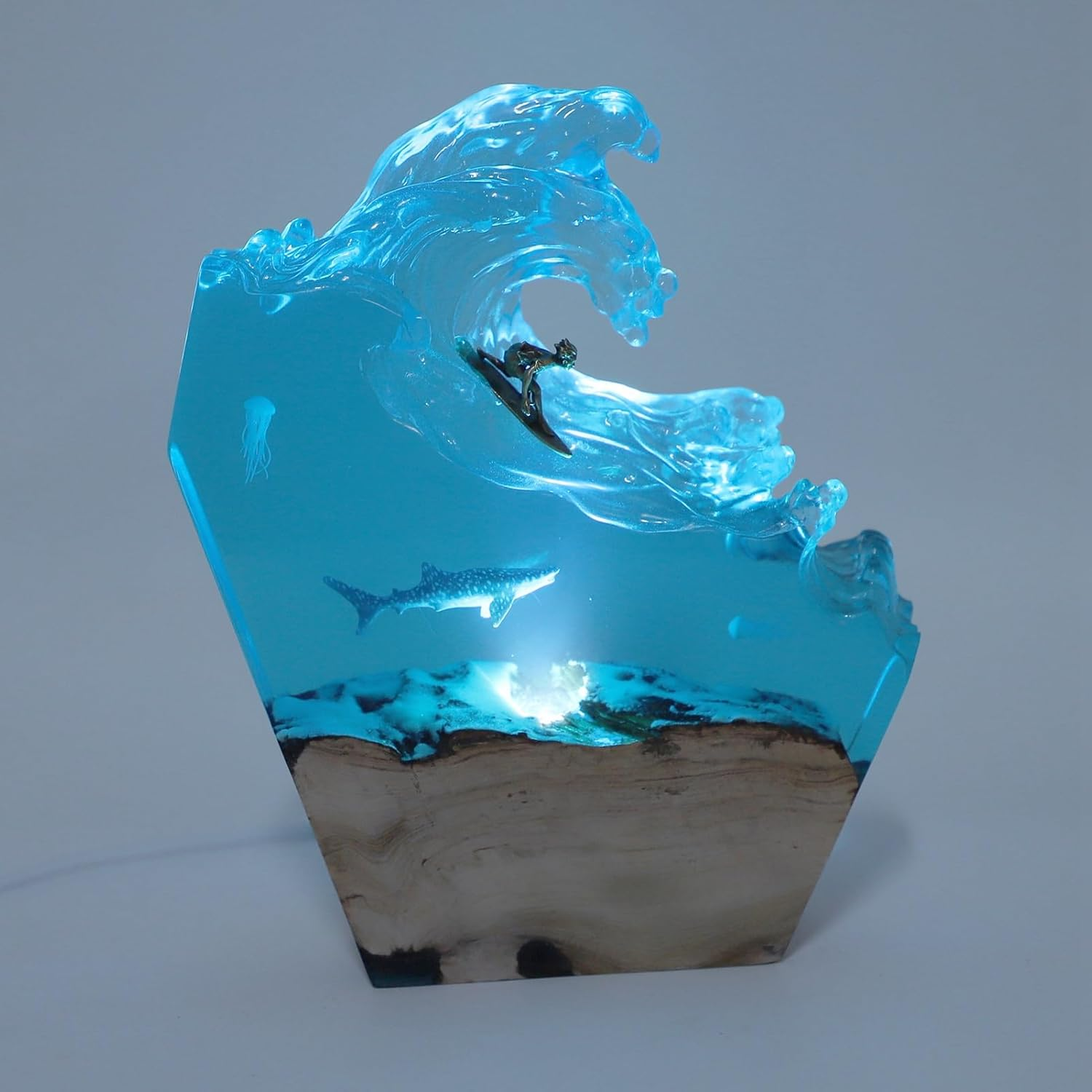 Jectse Ocean Surfing Night Light LED Resin Wood Handmade Bedside Table Lamp for Office Bedroom Decor, 6 Levels Brightness with USB Cable image number 1