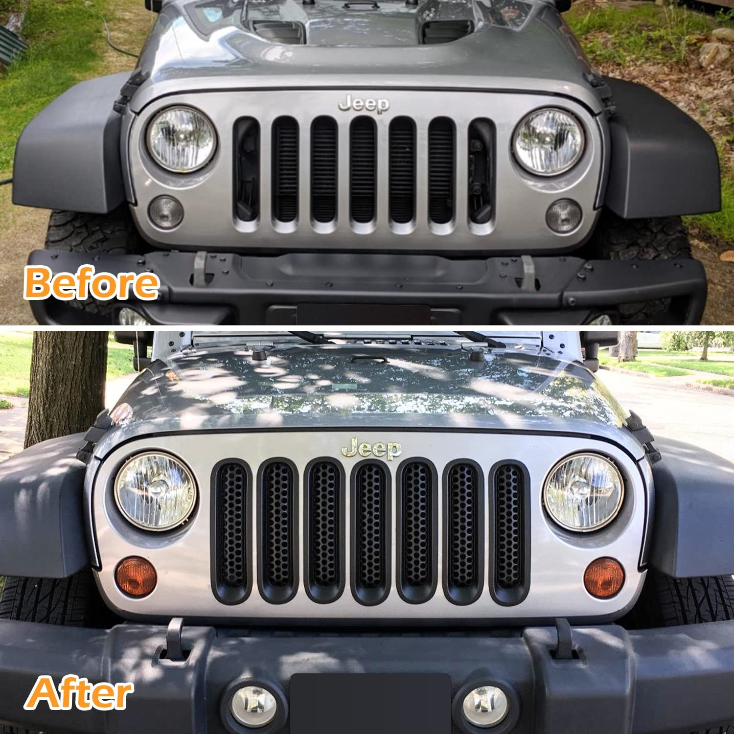 【Upgrade Matte Black Clip-In Version】 E-Cowlboy Front Grill Mesh Grille Insert Guard Kit for Jeep Wrangler JK JKU 2007-2015 (7PC/SET)
