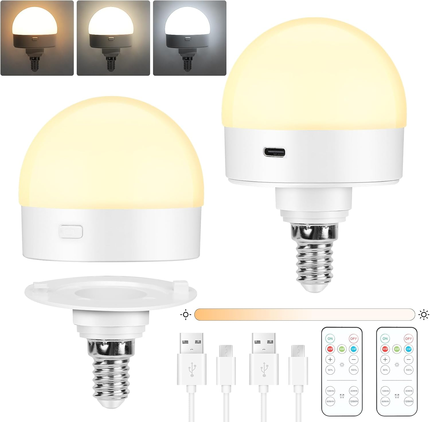 Eocean LED Rechargeable Light Bulbs, E14 Battery Operated Light Bulb, Wireless Light Bulb with 3 Colors & Timer, Magnetically Detachable, Emergency Light Bulb for Non-Hardwired (2 Pack) image number 4