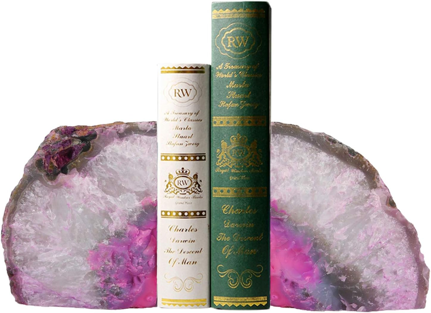 AMOYSTONE Brazilian Rock Bookends 1 Pair Pink Agate Geode Bookends 3-4 Lbs for Video Games Cds Unique Bookends Home Decorative