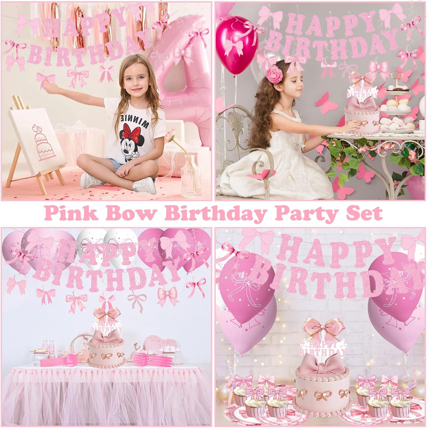 Pink Bow Birthday Party Decorations for Women Girls - Bow Theme Happy Birthday Banner, Backdrop, Bow Tablecloth, Balloons, Paper Tray, Spoons, Forks, Napkin, Cupcake Topper image number 2