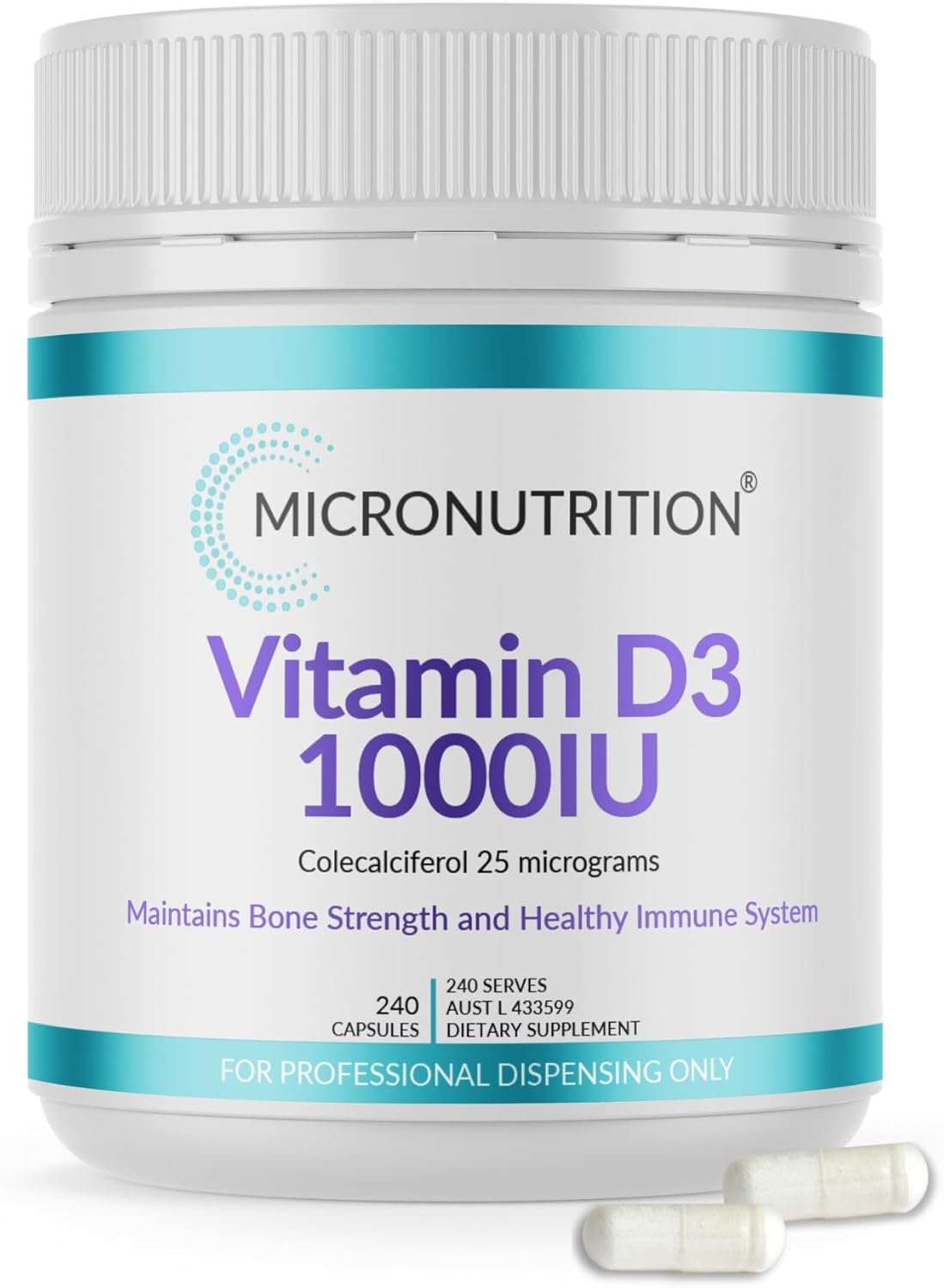 Vitamin D3 1000IU | Colecalciferol 25 Micrograms | 240 Capsules | One-A-Day | Supplement for Vitamin D Deficiency | Immune System Support | Bone Health | 240 Serves - MICRONUTRITION