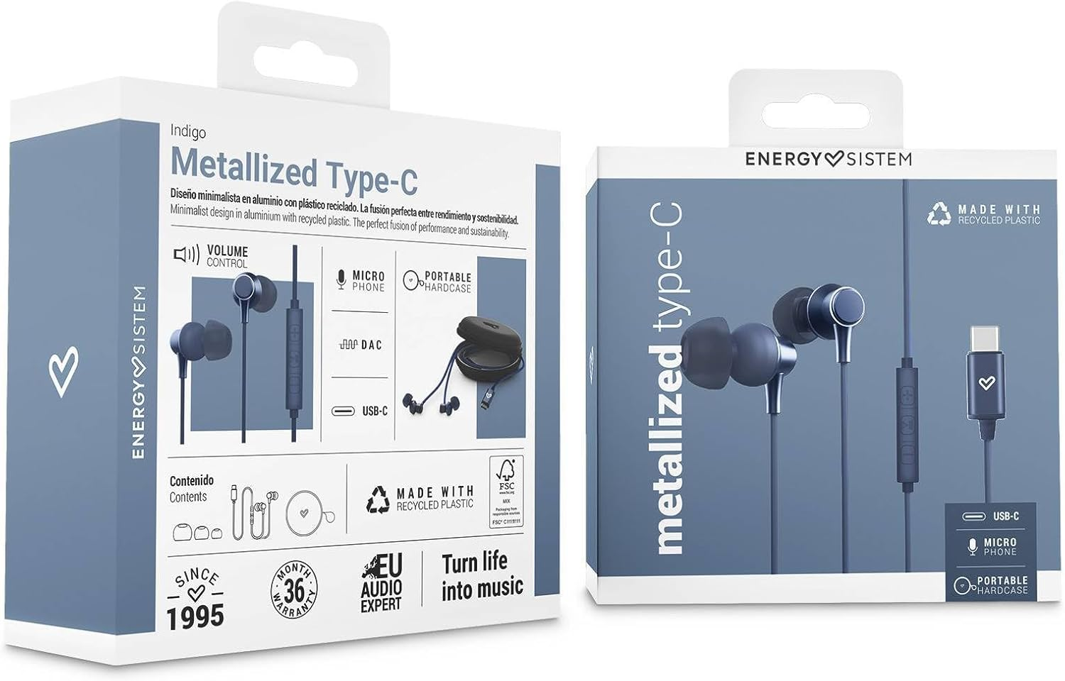 Energy Sistem Metallized Type C In-Ear Headphones with Type-C Connector, Microphone, Volume Control, Aluminium, Recycled Plastic - Blue - Black image number 3