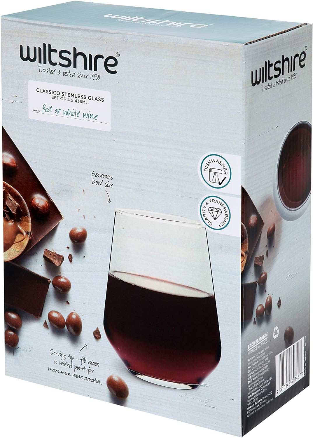 Wiltshire Classico Stemless Wine Glasses Set of 4 &ndash; Durable 435Ml Clear Wine Tumblers with Elegant Minimalist Shape, Premium Glassware for Wine, Water, Matcha or Cocktails, Dishwasher Safe image number 2