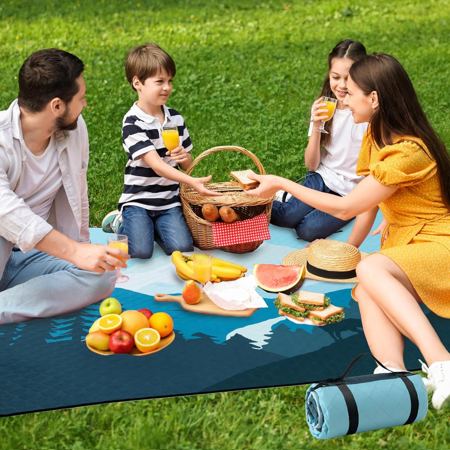 PY SUPER MODE Extra Large Waterproof Picnic Blankets 83X79 Inches - 5 Layer Outdoor Picnic Mat for Beach Camping Park Lawn, Windproof Anchor System with Stakes, Foldable Blue&Brown - Blue Leaves image number 6