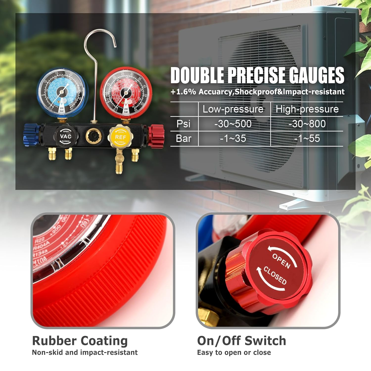 2020 UPGRATE Version 4 Way A/C Manifold Gauge Set Fits R134A R410A R404A R22 Refrigerants with 5FT Hose, 3 Acme Tank Adapters, Adjustable Couplers and Can Tap image number 4