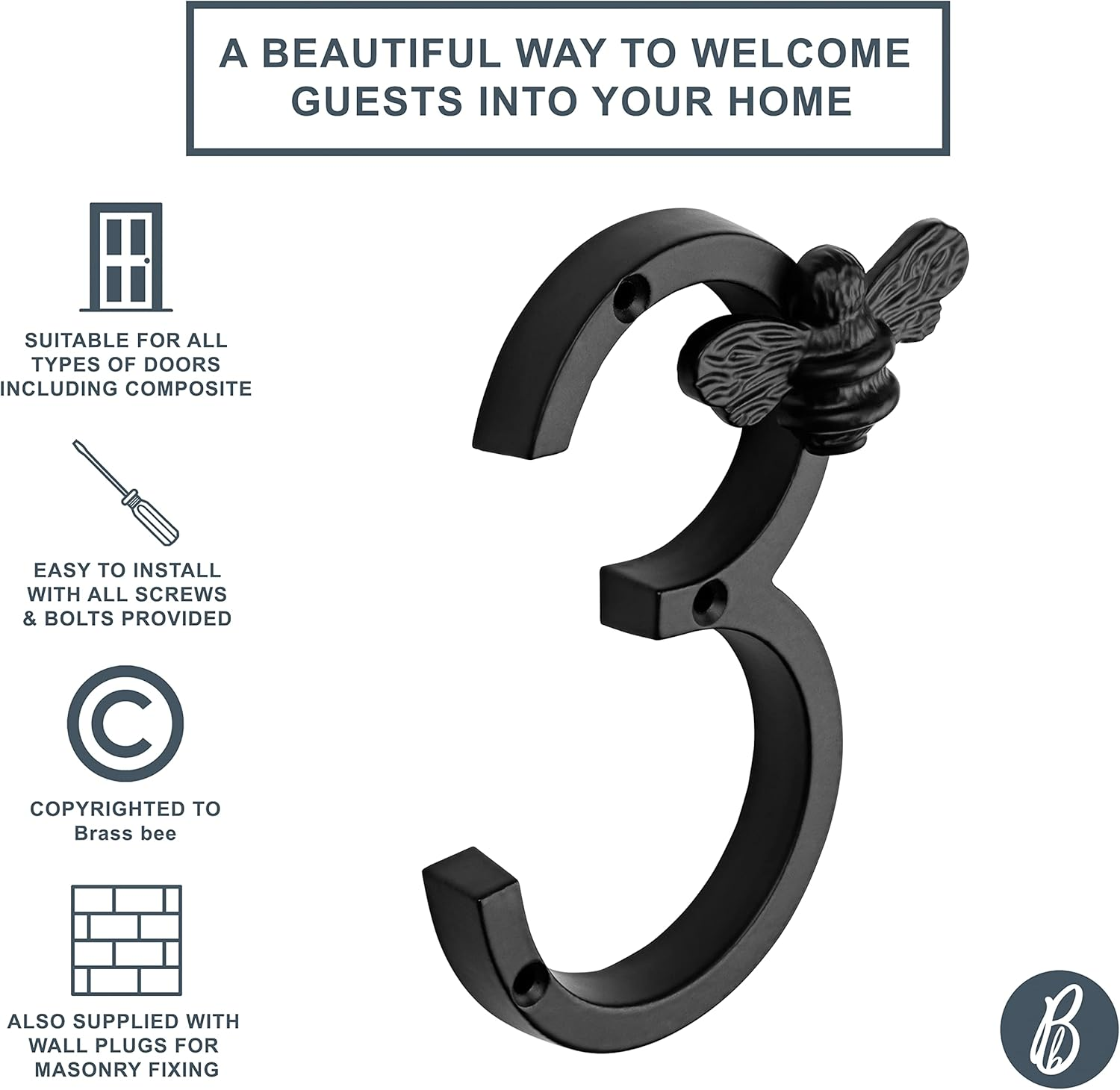 Brass Bee House Number with Bee Design | 5 Inch Modern Door Sign Numbers Signs Plaques | Street Home Address Numerals, Black Iron Metal 0-9 (3) image number 1