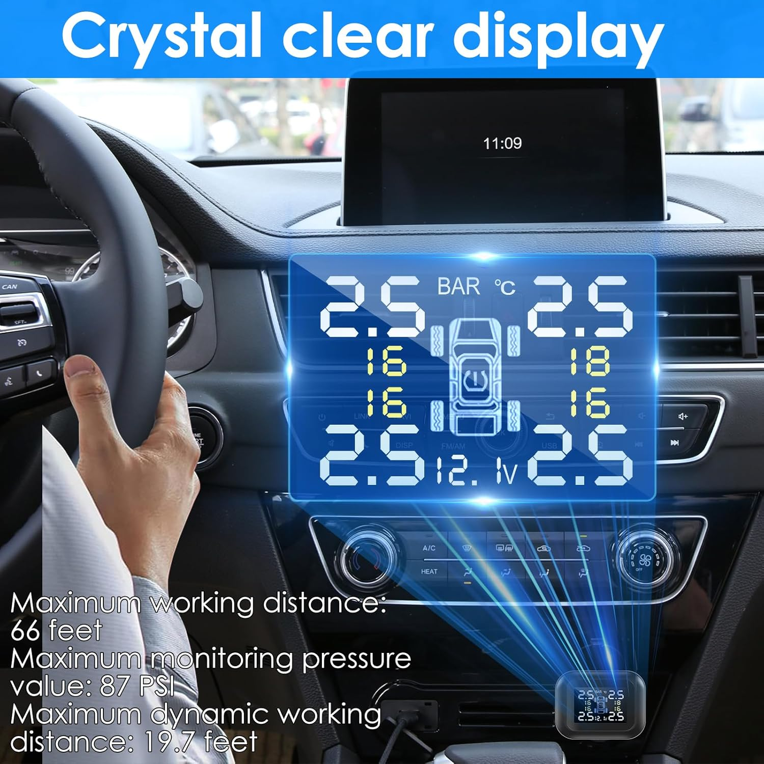 Tire Pressure Monitoring System TPMS Wireless Real-Time Tire Pressure Monitor System with 4 External Sensors and 6 Alarm Modes Adjustable Display Angle Tire Pressure Monitor for Car(Black) image number 5