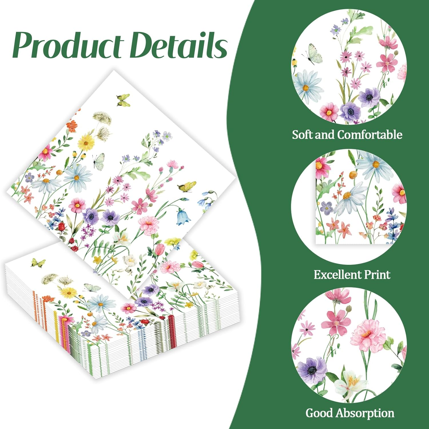 50 Pcs Wildflower Napkins 13 X 13 Inches, Floral Paper Napkins Disposable Flower Cocktail Napkins for Spring Summer Picnic Wedding Baby Shower Birthday Tea Party Decorations image number 1