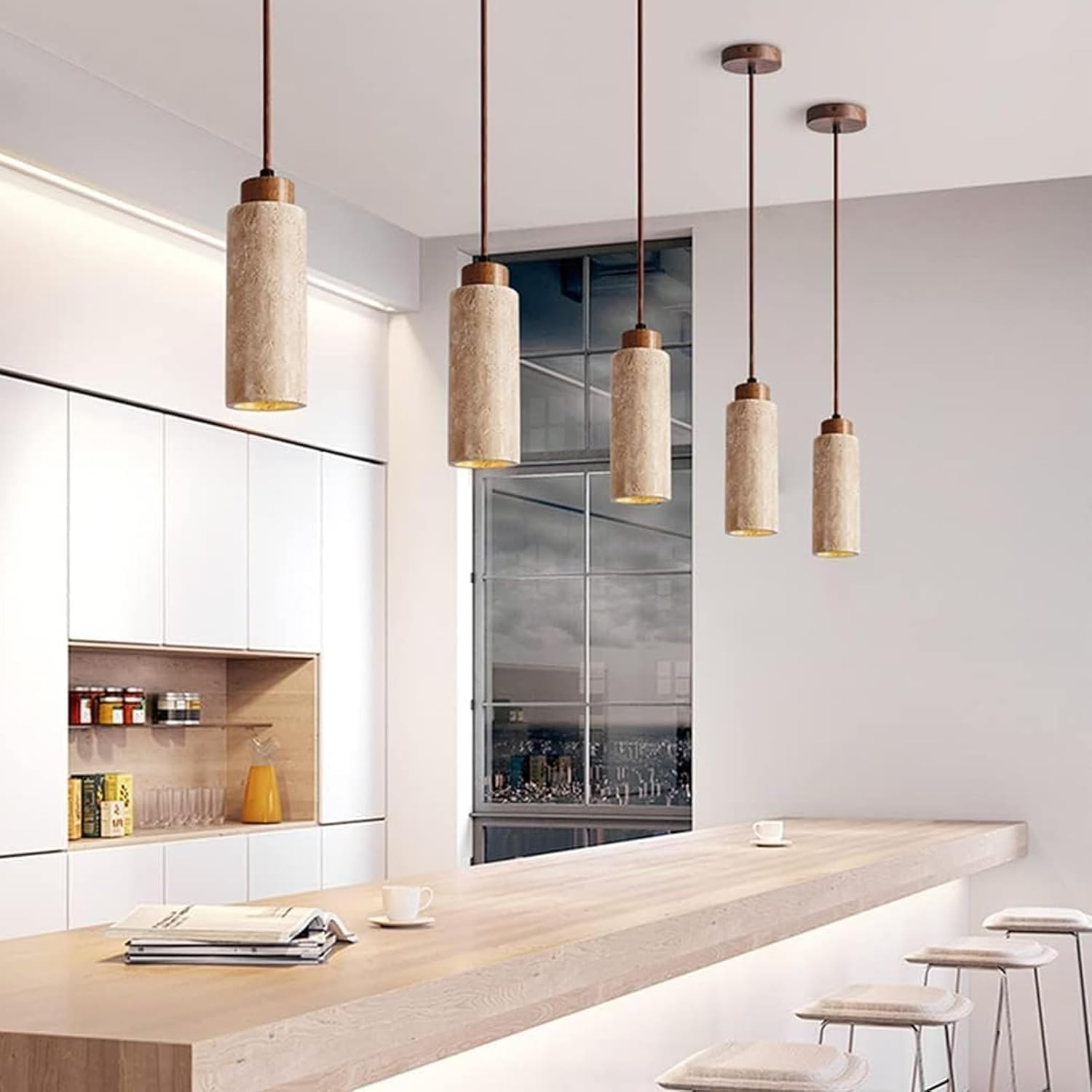 Pendant Light, Japanese Style Natural Travertine Pendant Lamp for Dining Room, Kitchen Island, Living Room,Handcrafted Natural Stone, Adjustable Drop for Different Ceiling Heights (Yellow,M) - Yellow image number 5