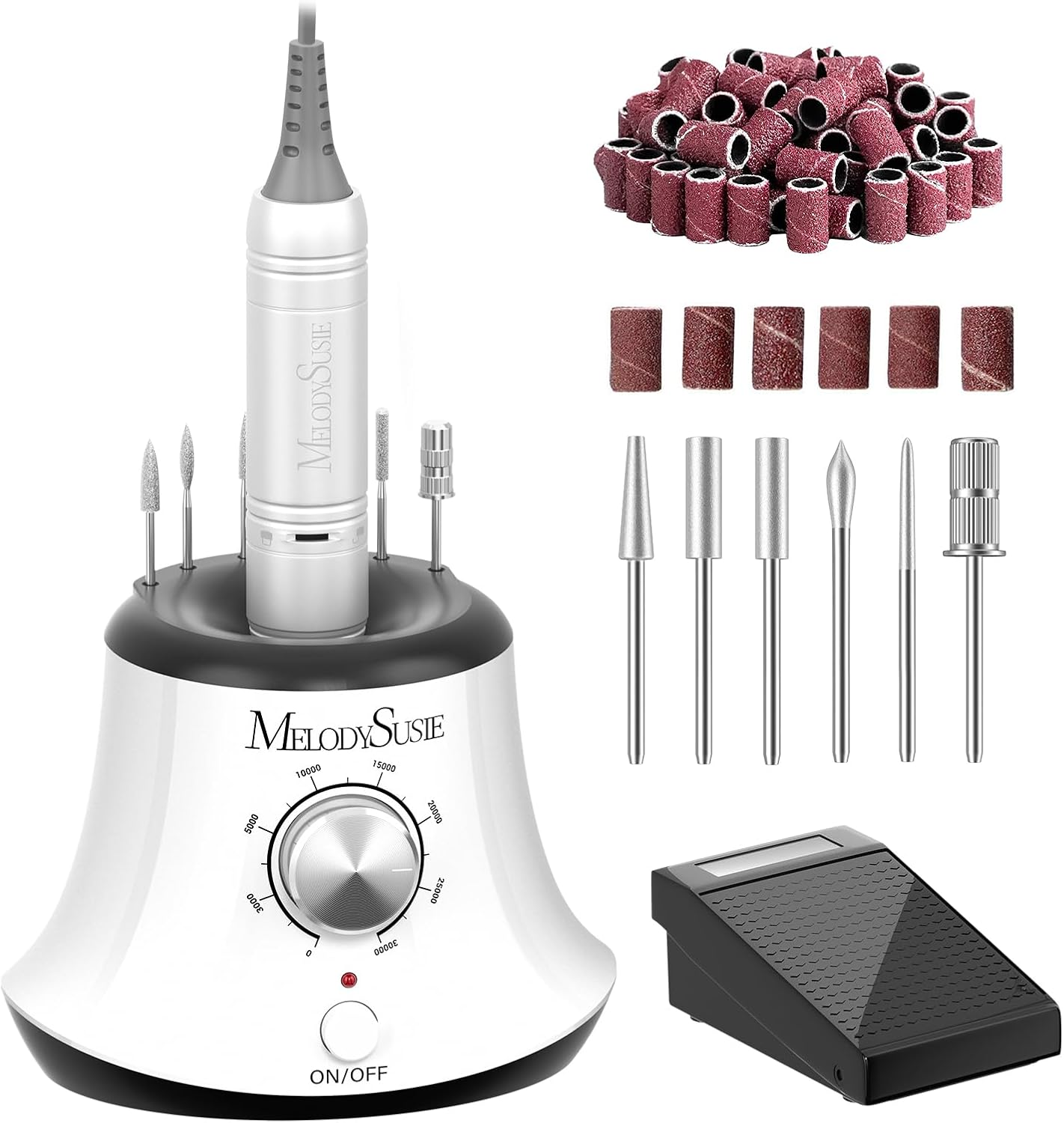 Melodysusie 30000 Rpm Professional Nail Drill-Scarlet, High Speed, Low Heat, Low Noise, Low Vibration, Portable Electric Efile Drill for Shaping, Buffing, Removing Acrylic Nails, Gel Nails, White