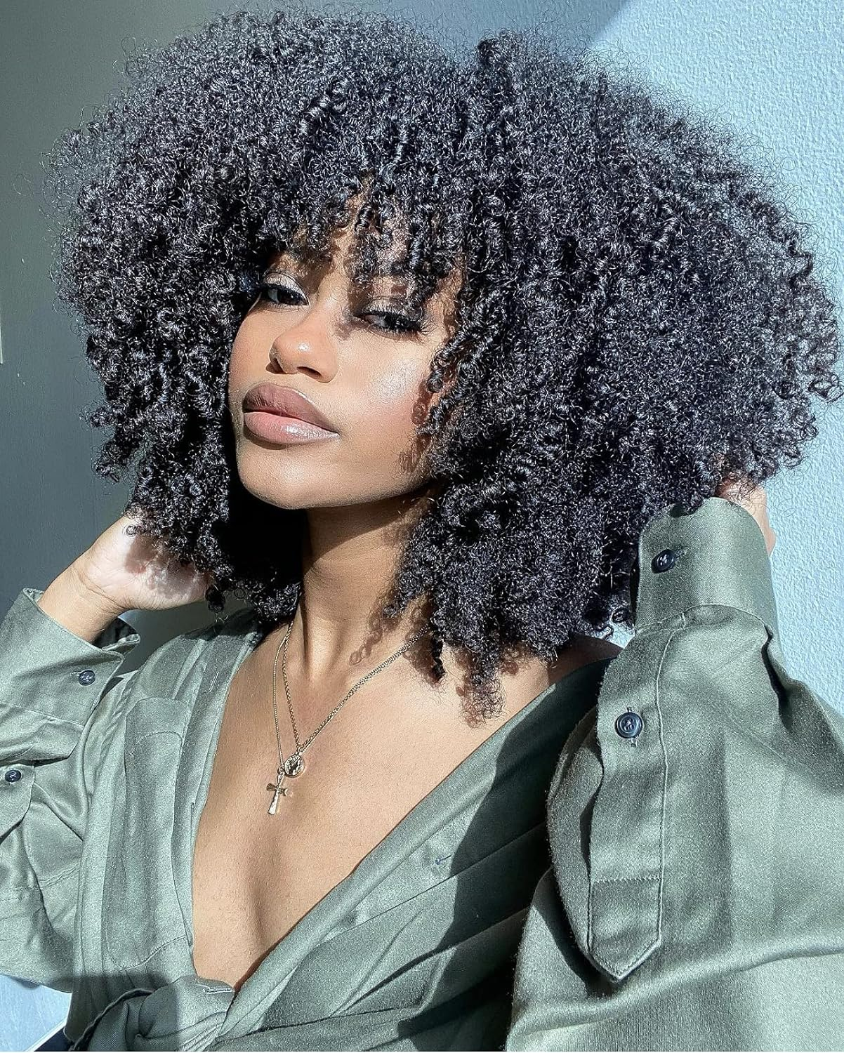 Runm Short Curly Afro Wig with Bangs for Black Women Kinky Curly Hair Wig Afro Synthetic Heat Resistant Full Wigs(Black) image number 1