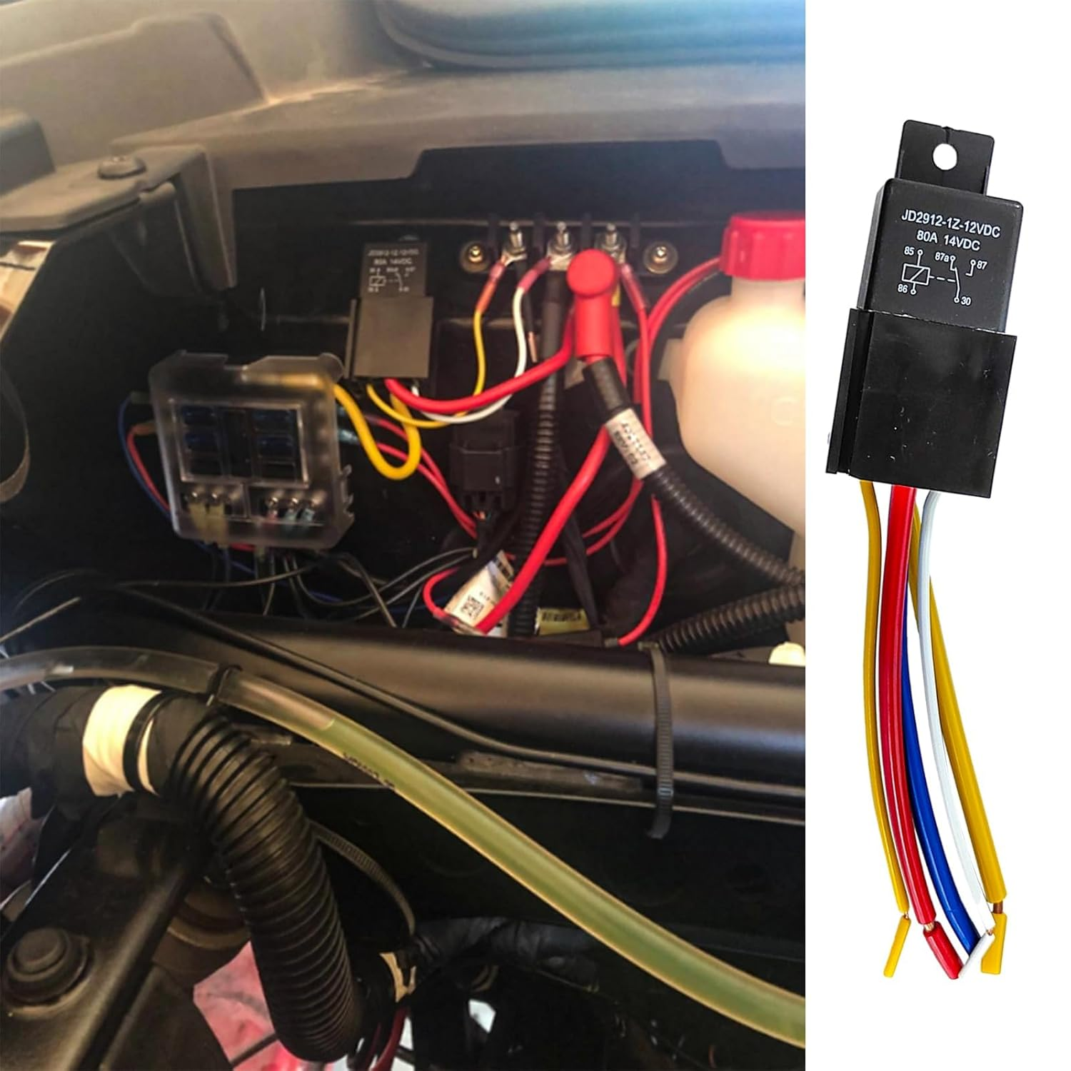 Car Relay with Harness, 5 Pin 80A 12V On/Off Normally Open SPST Relay Socket Plug, Model JD2912-1Z-12VDC 80A 14VDC, Automotive Switches and Starters for Car SUV Truck image number 3