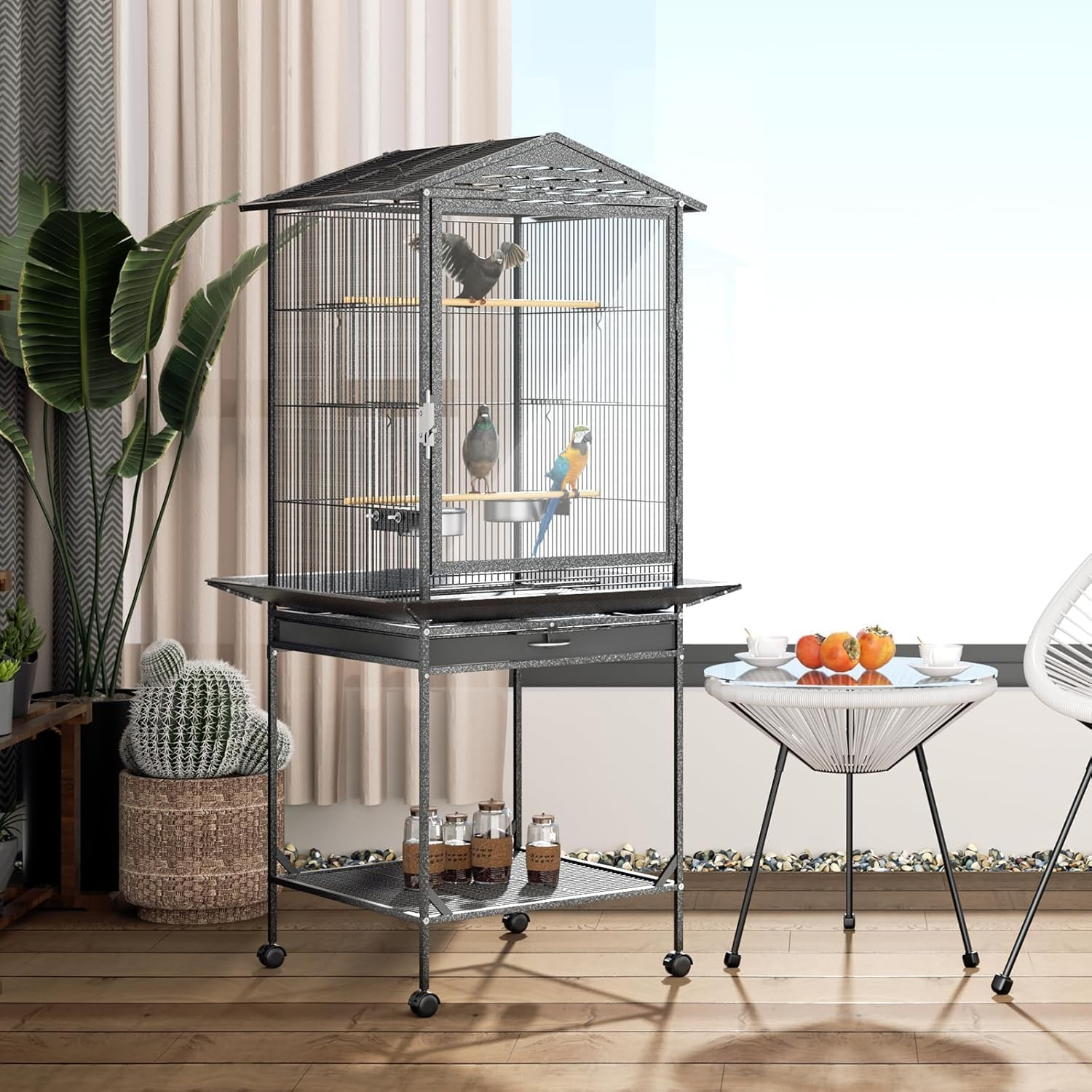 Bird Cage 46 X 46 X 136Cm Large Guinea Pig Pet Birds Parrot Ferret Cages Aviary Budgie Finch Canary Stand Toys,Black 2 Perch with Wheels W/Brake + Slide-Out Removable Tray image number 3