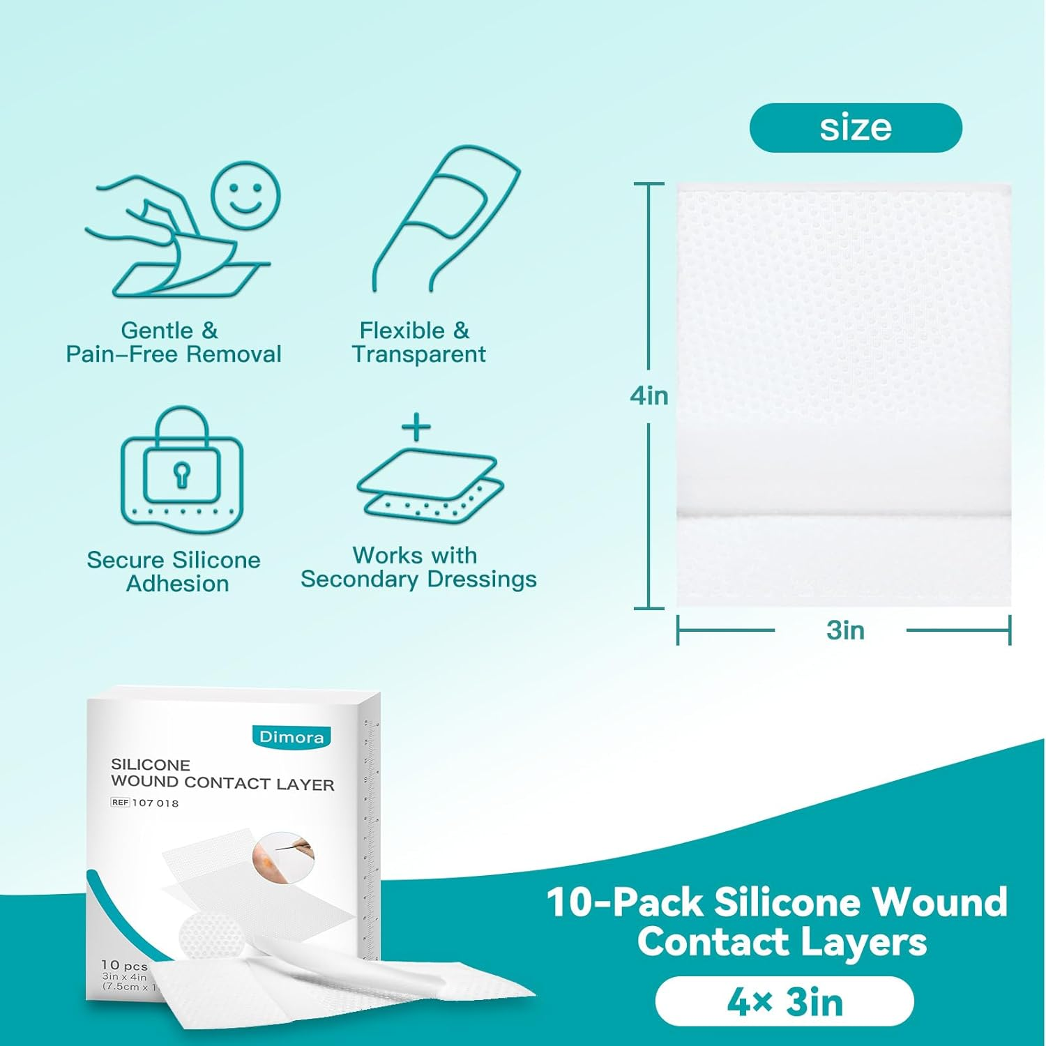 Dimora Silicone Wound Contact Layer, Adaptic Non-Adhering Dressing, Transparent Wound Dressing Pads, 3In X 4In (7.5Cm X 10Cm), 10 Pcs image number 3
