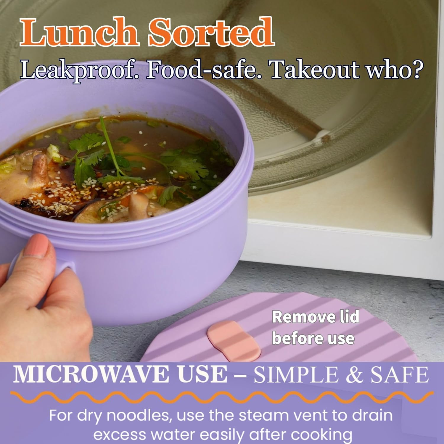 Ai Love Peace Ramen Bowl, 40 Oz Microwaveable Noodle Cooker for Ramen, Pho, Soup, and Pasta, Dishwasher Safe and Portable, Ideal for Home, Office, Dorm, or Gift (Purple) image number 1