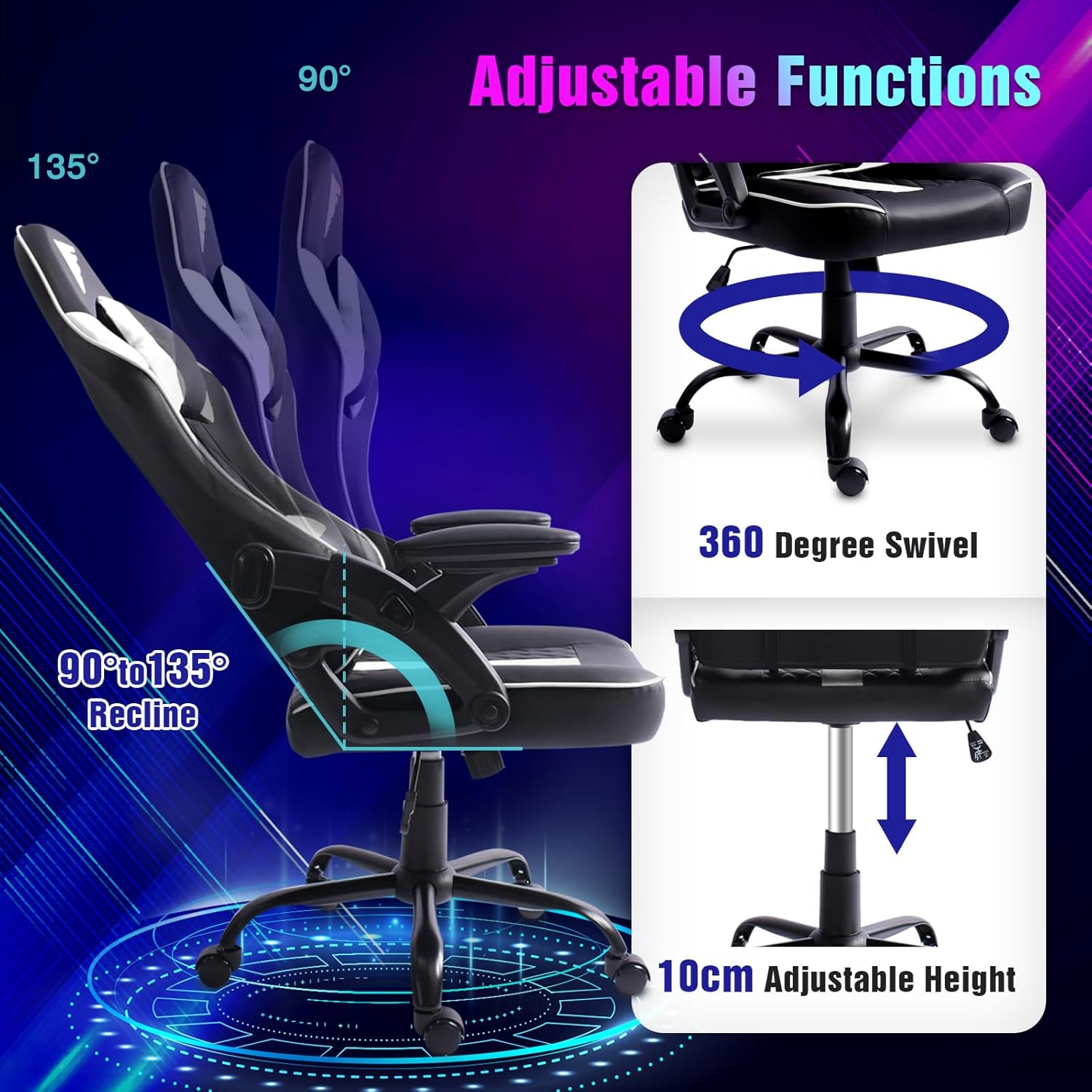 Advwin Gaming Chair with Adjustable Backrest,Armrest,Headrest,Height Adjustable Ergonomic Executive Office Chair with Wider Seat,135&deg; Recliner Racing Chair,360&deg;-Swivel,Black& White - Blackwhite image number 6