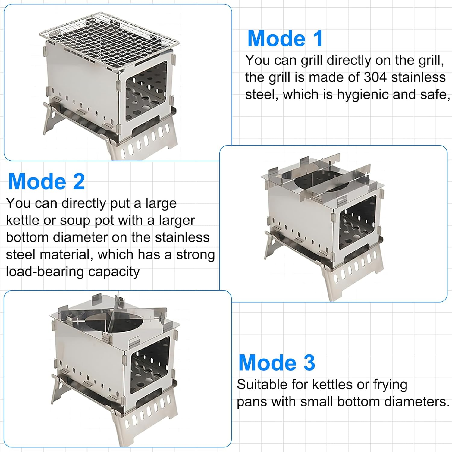 DAWRIS Wood Stove Portable Hobo Cooker, Foldable and Windproof Backpack Stove Made of Stainless Steel with Carry Bag, 3-In-1 Multifunctional for Solo Camping, Backpacking, Hiking image number 1