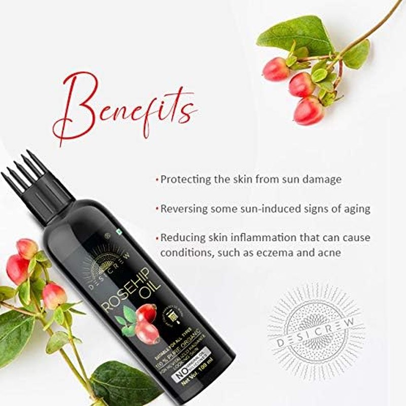 Desicrew Rosehip Oil - with COMB APPLICATOR - Cold Pressed - for Face, Nails, Hair and Skin 100Ml Pack of 3 Bottle 300Ml Hair Oil (300 Ml) image number 4